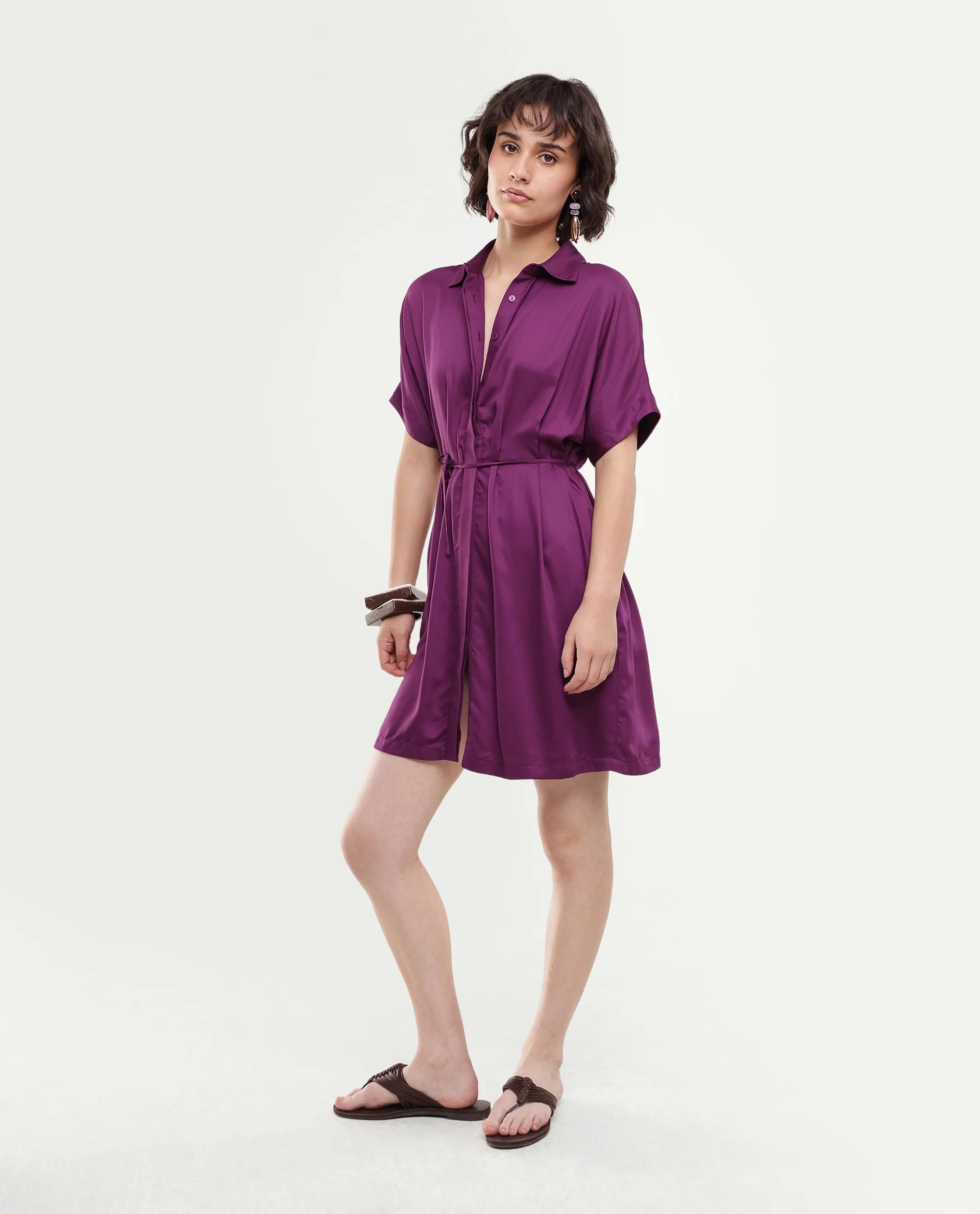 Rareism Women's Izalin Purple Viscose Button Relaxed Fit Dress