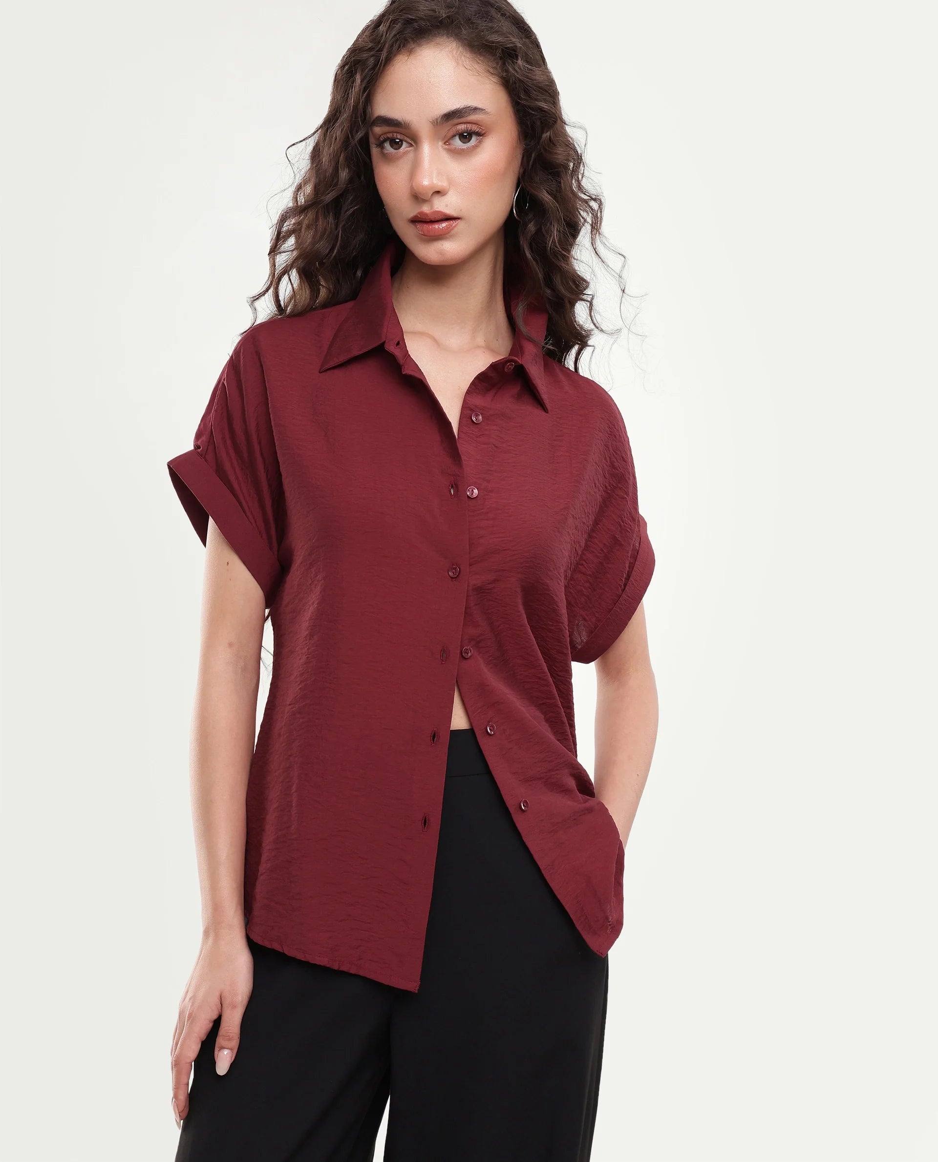 Rareism Women's Suko Dark Red Viscose Blend Button Regular Fit Shirt