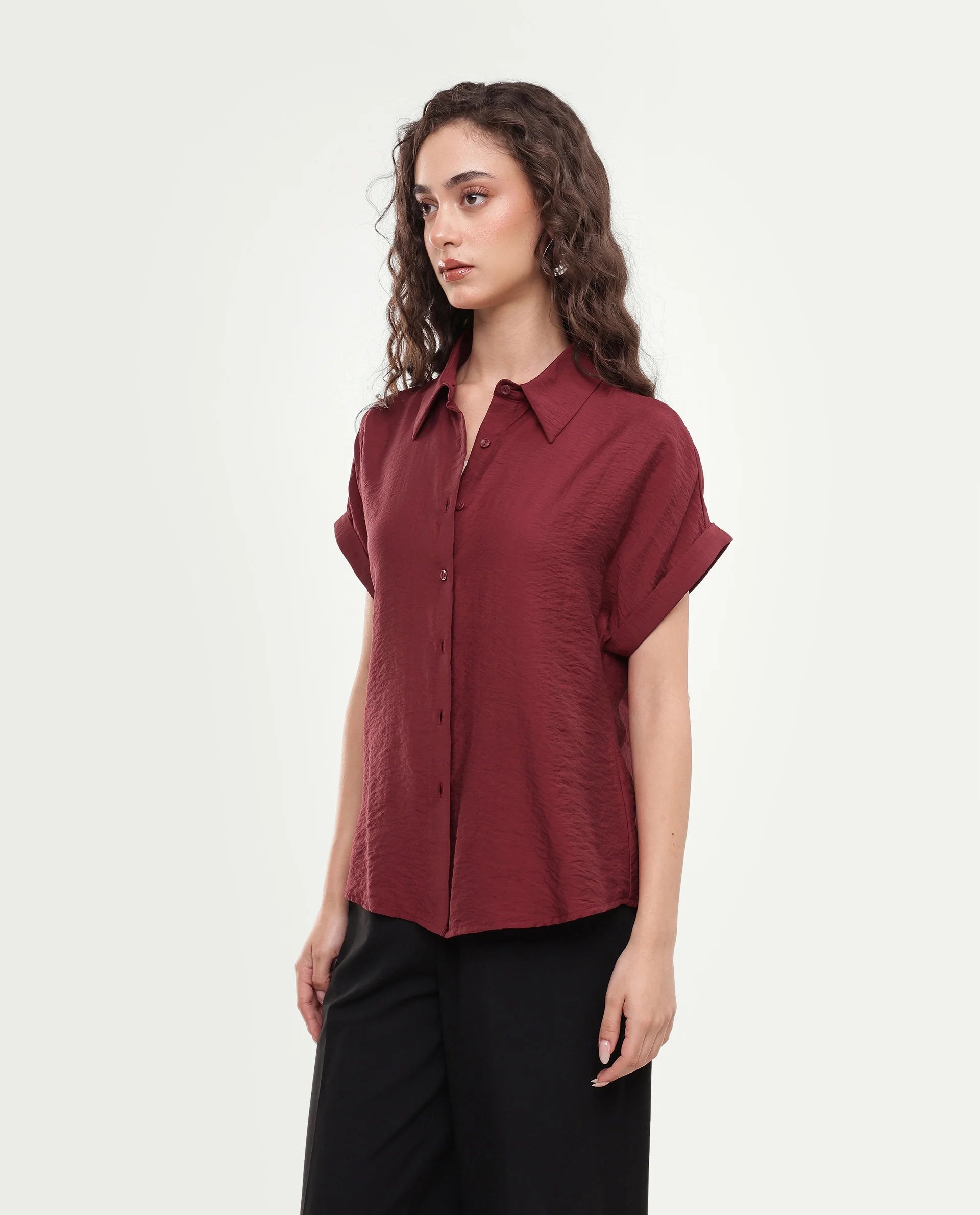 Rareism Women's Suko Dark Red Viscose Blend Button Regular Fit Shirt