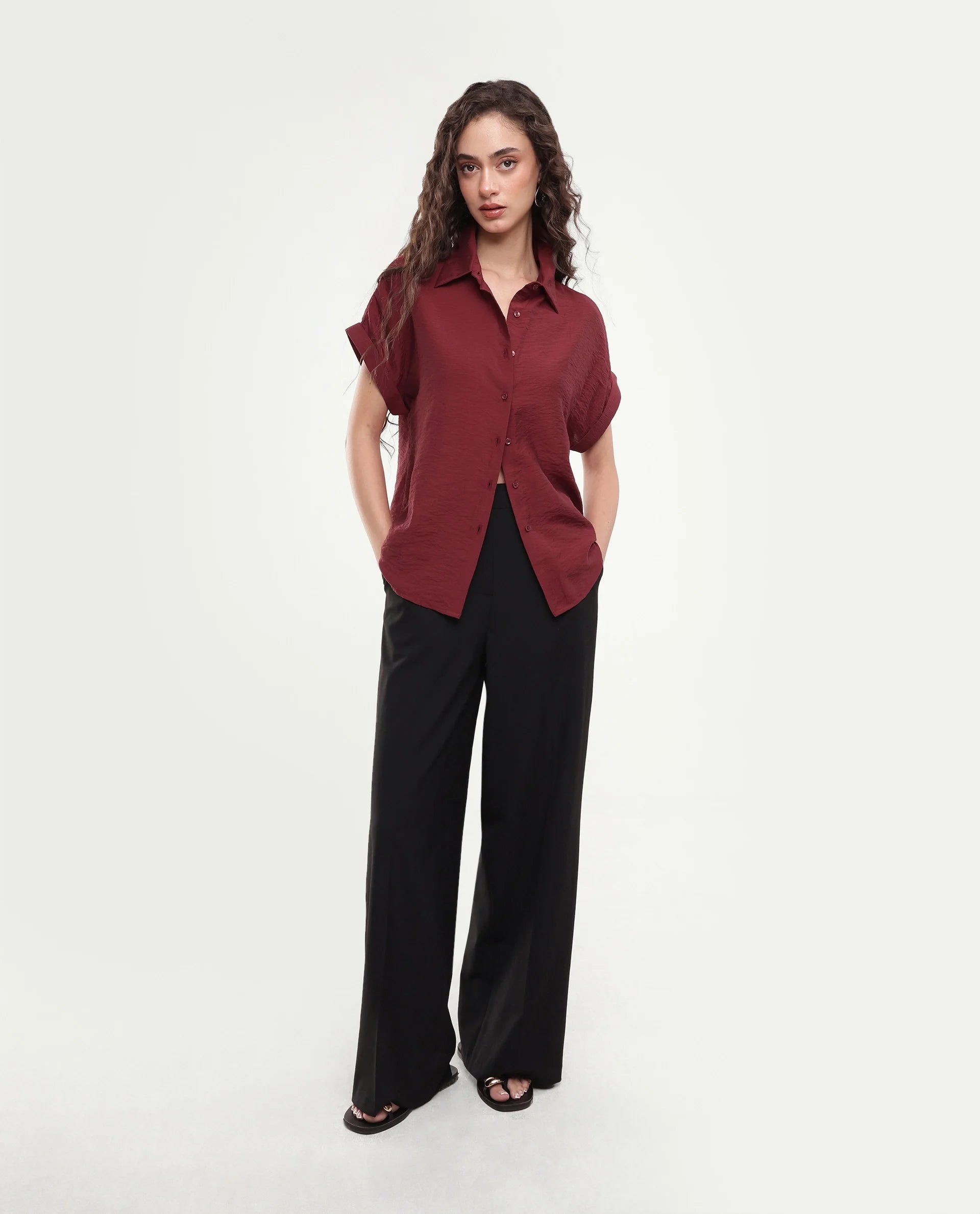 Rareism Women's Suko Dark Red Viscose Blend Button Regular Fit Shirt