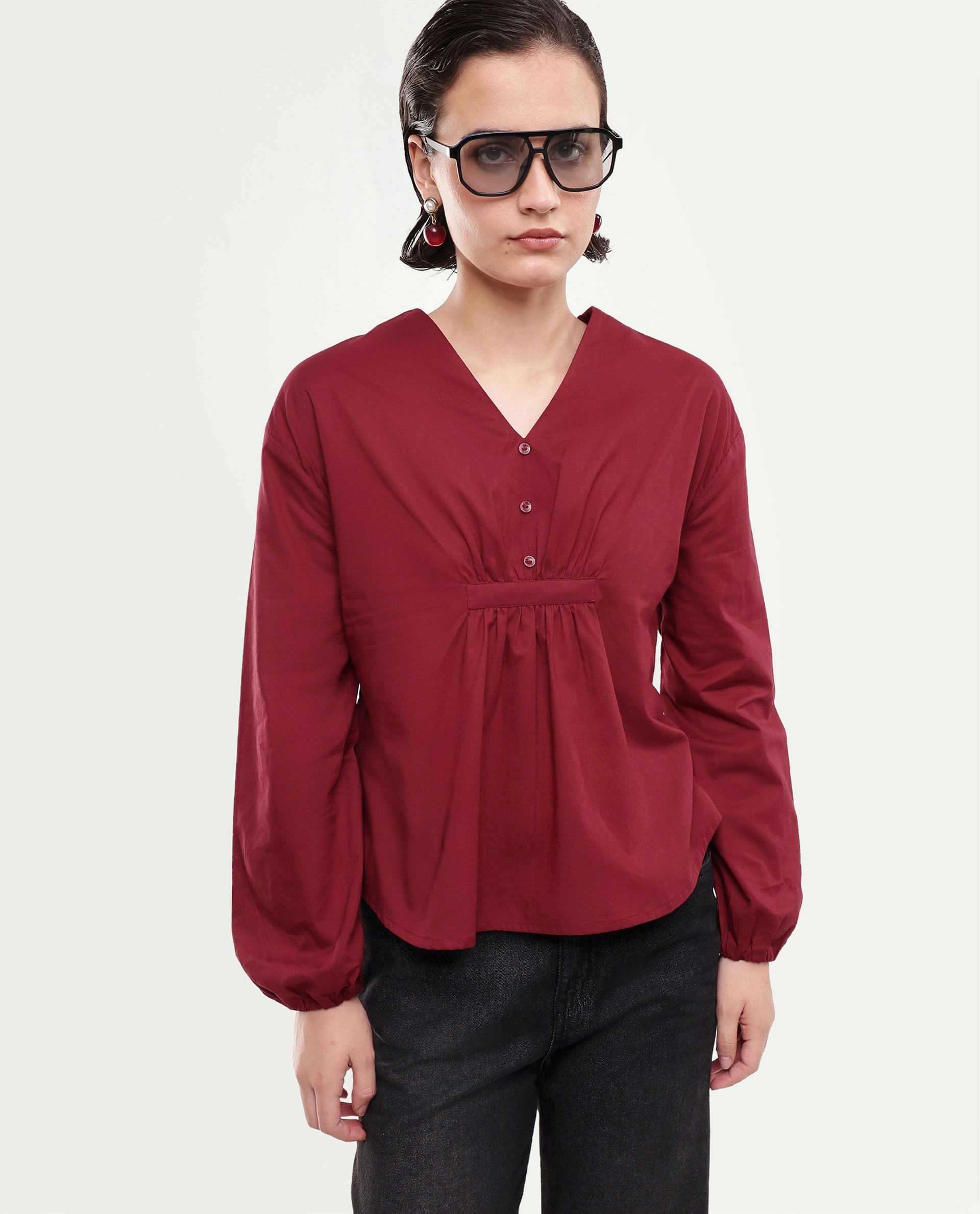 Rareism Women's Saron Dark Red Plain Cotton Relaxed Long Sleeves Top