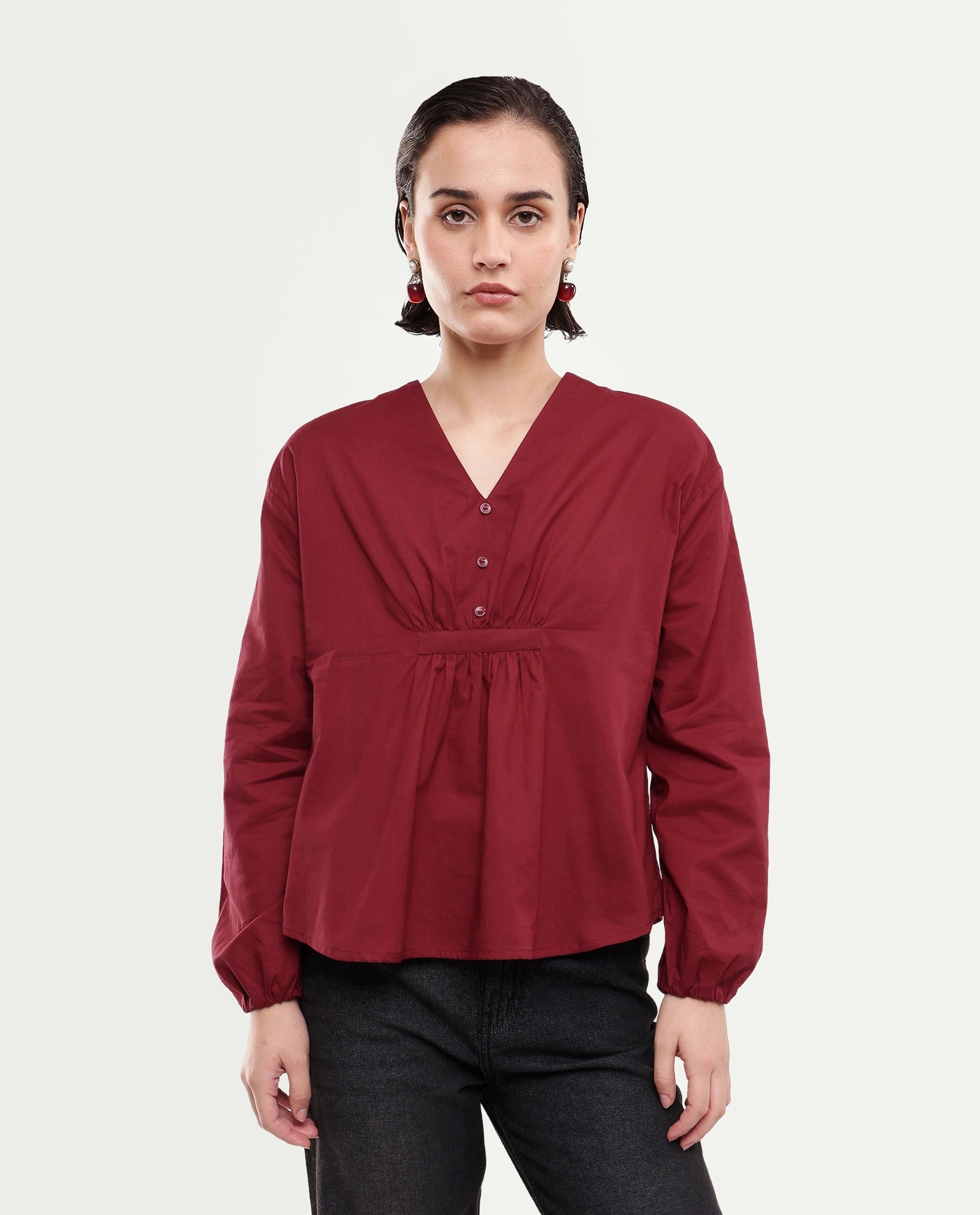 Rareism Women's Saron Dark Red Plain Cotton Relaxed Long Sleeves Top