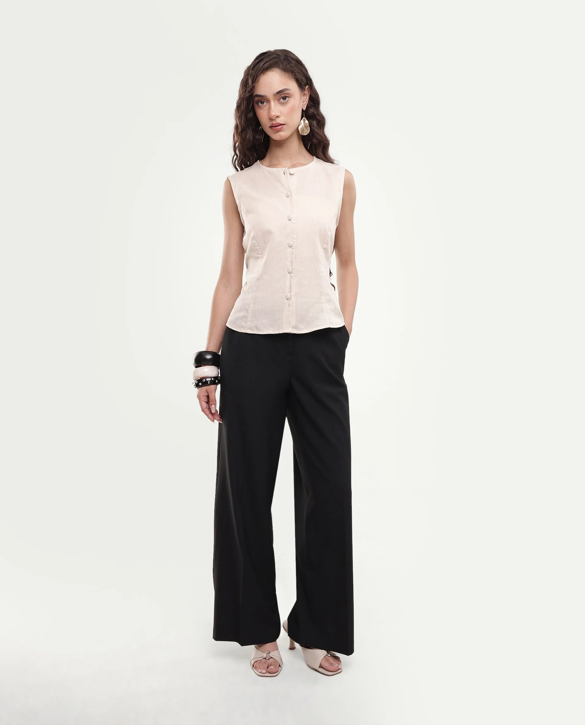 Rareism Women's Sarel Beige Linen Blend Button Regular Fit Top