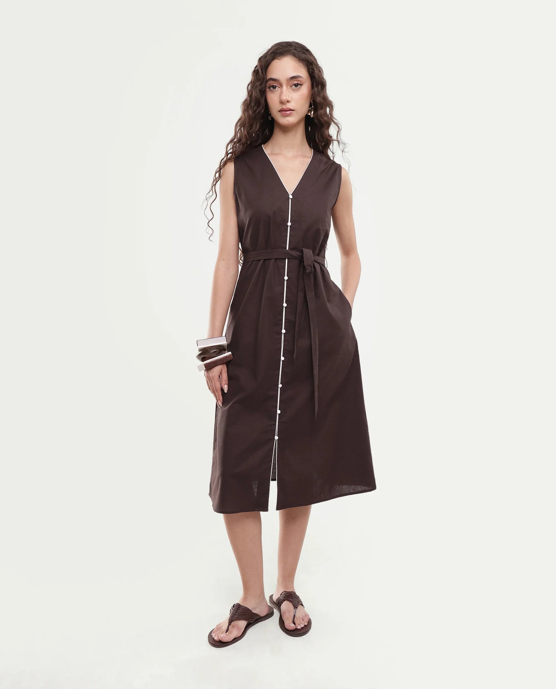 Rareism Women's Silvor Dark Brown Cotton Pull-On A-Line Dress