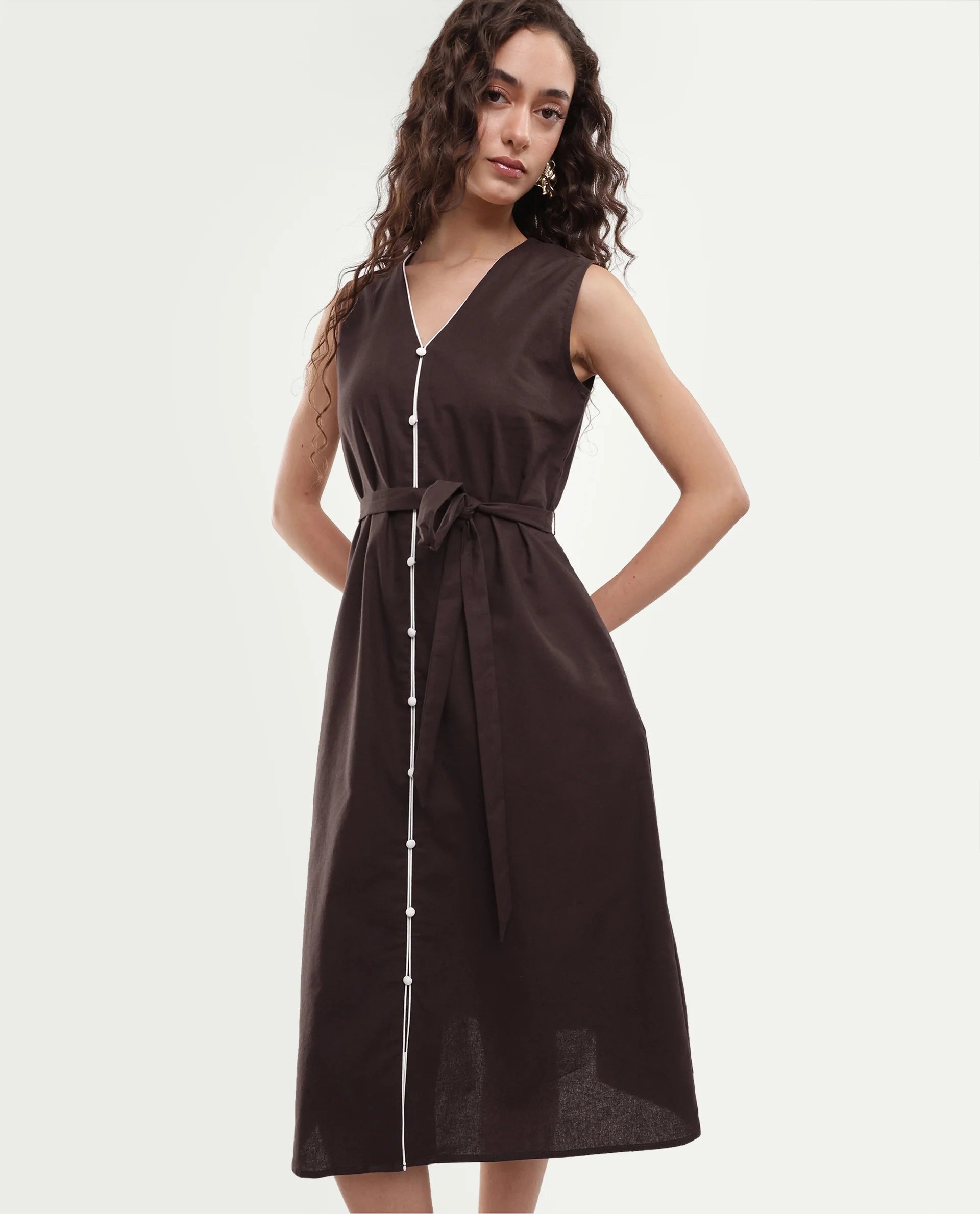 Rareism Women's Silvor Dark Brown Cotton Pull-On A-Line Dress