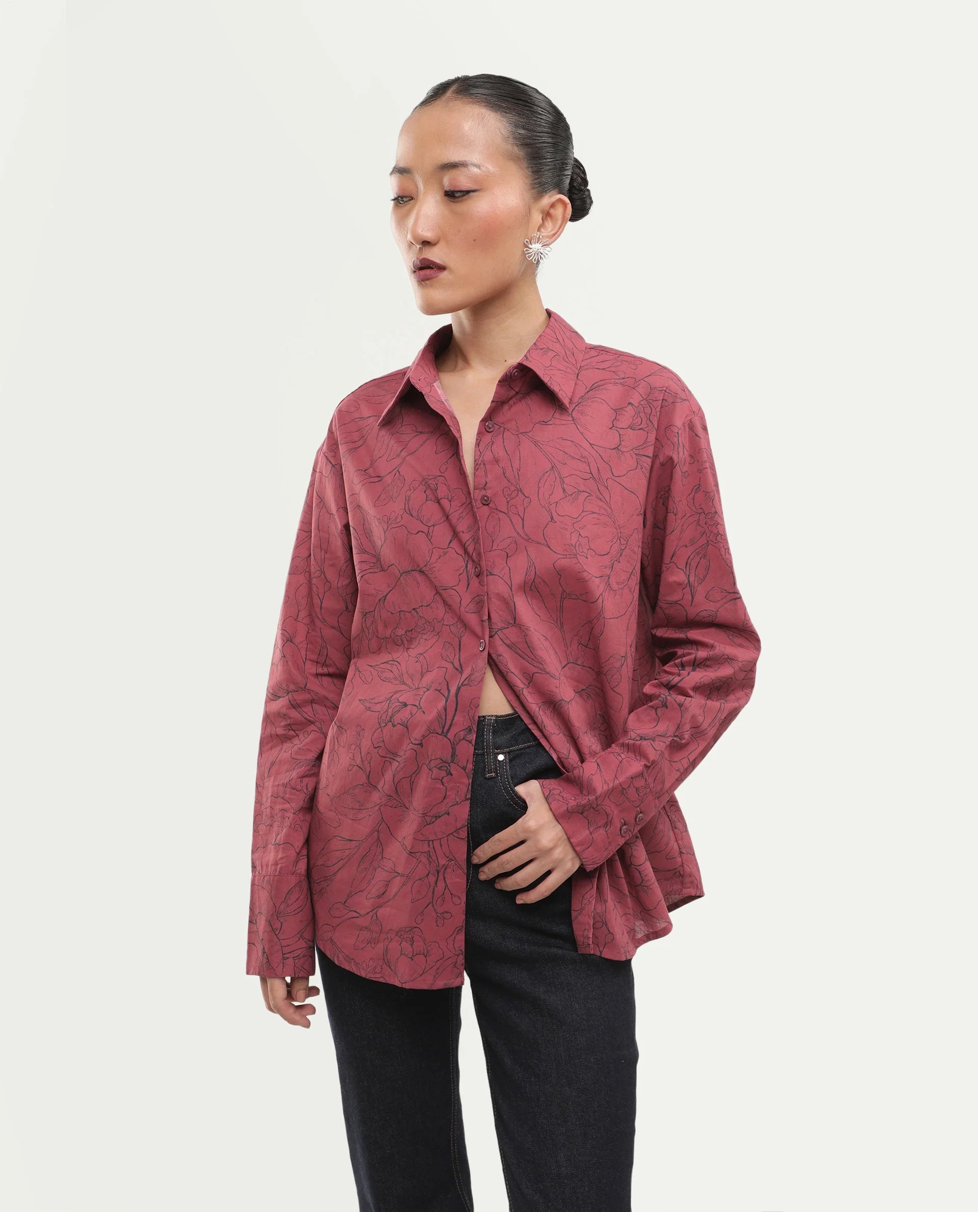 Rareism Women's Simba Dark Red Cotton Button Relaxed Fit Floral Print Shirt