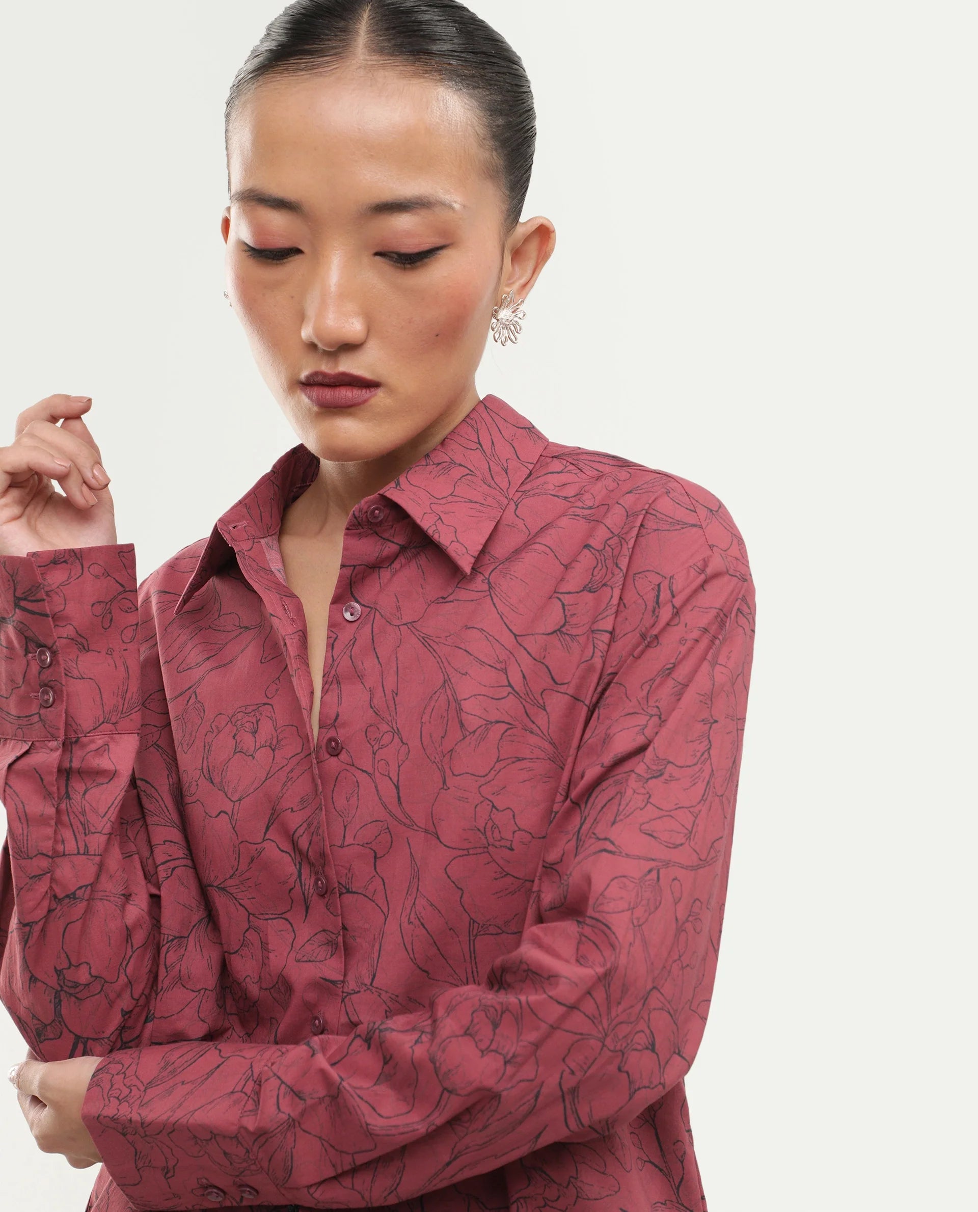 Rareism Women's Simba Dark Red Cotton Button Relaxed Fit Floral Print Shirt