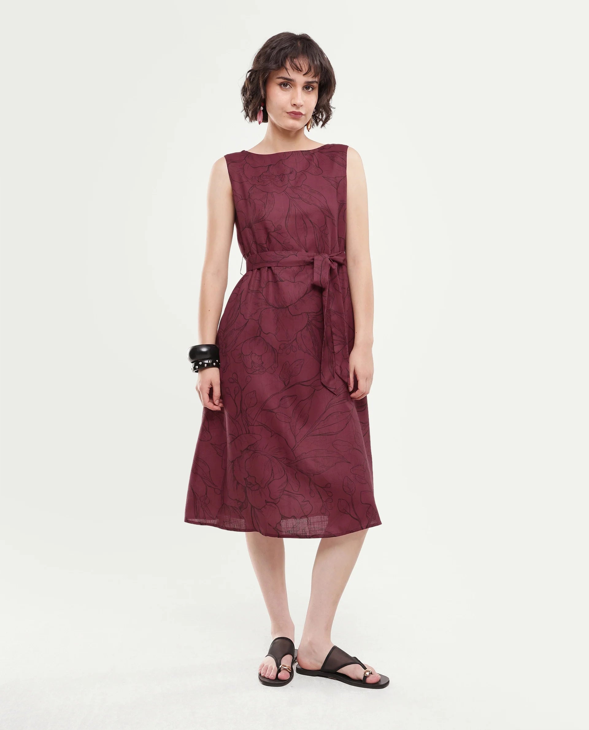 Rareism Women's Straw Dark Red Polyester Pull-On A-Line Floral Print Dress