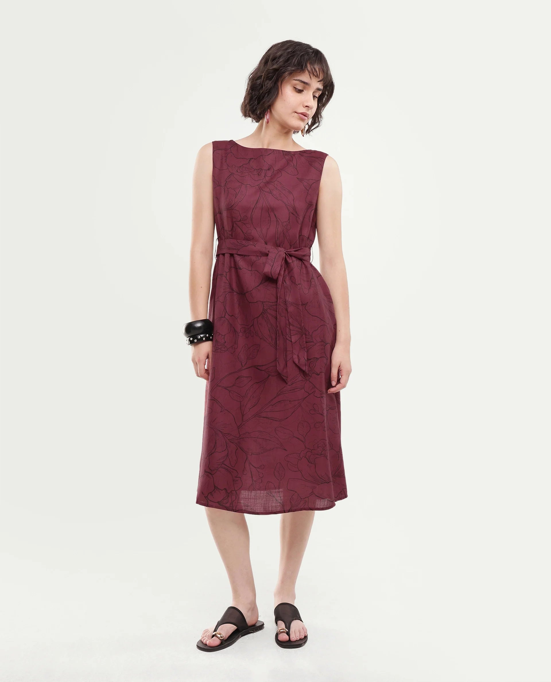 Rareism Women's Straw Dark Red Polyester Pull-On A-Line Floral Print Dress