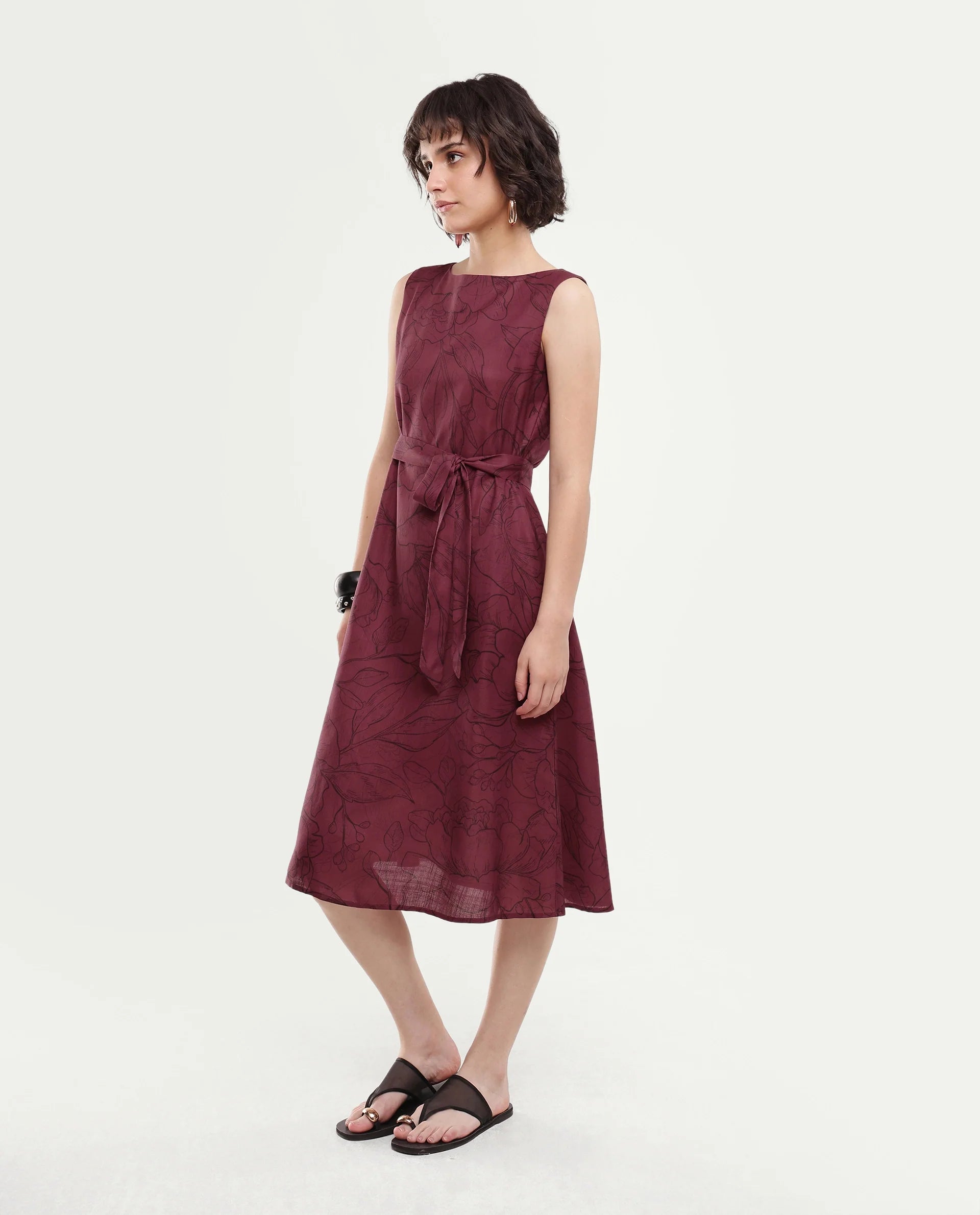 Rareism Women's Straw Dark Red Polyester Pull-On A-Line Floral Print Dress