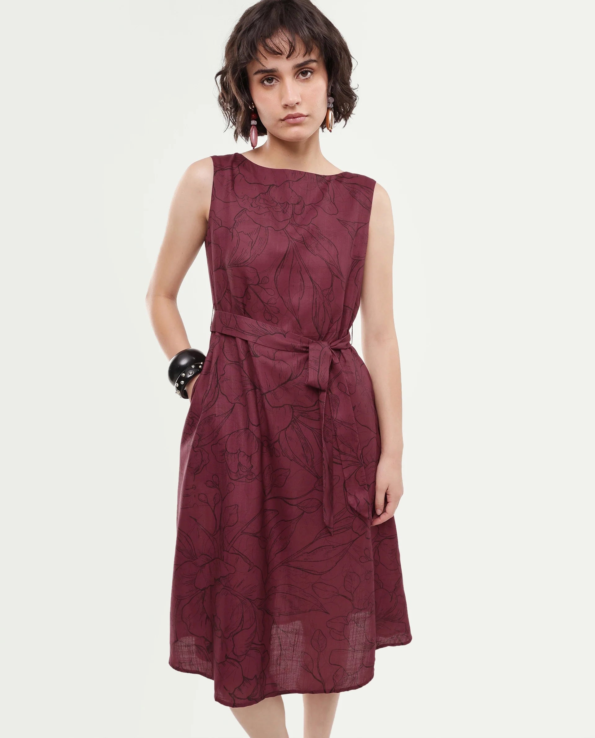 Rareism Women's Straw Dark Red Polyester Pull-On A-Line Floral Print Dress