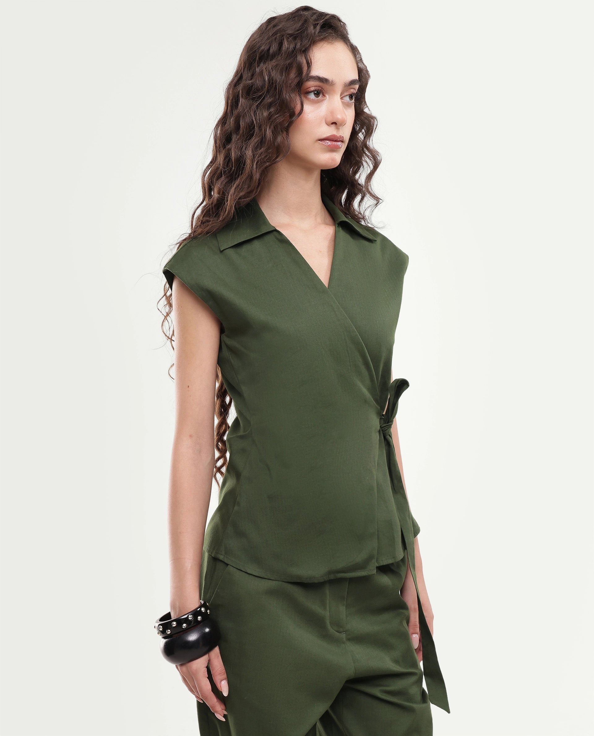 Rareism Women's Sylix-T Dark Olive Plain Cotton Regular Sleeveless Top