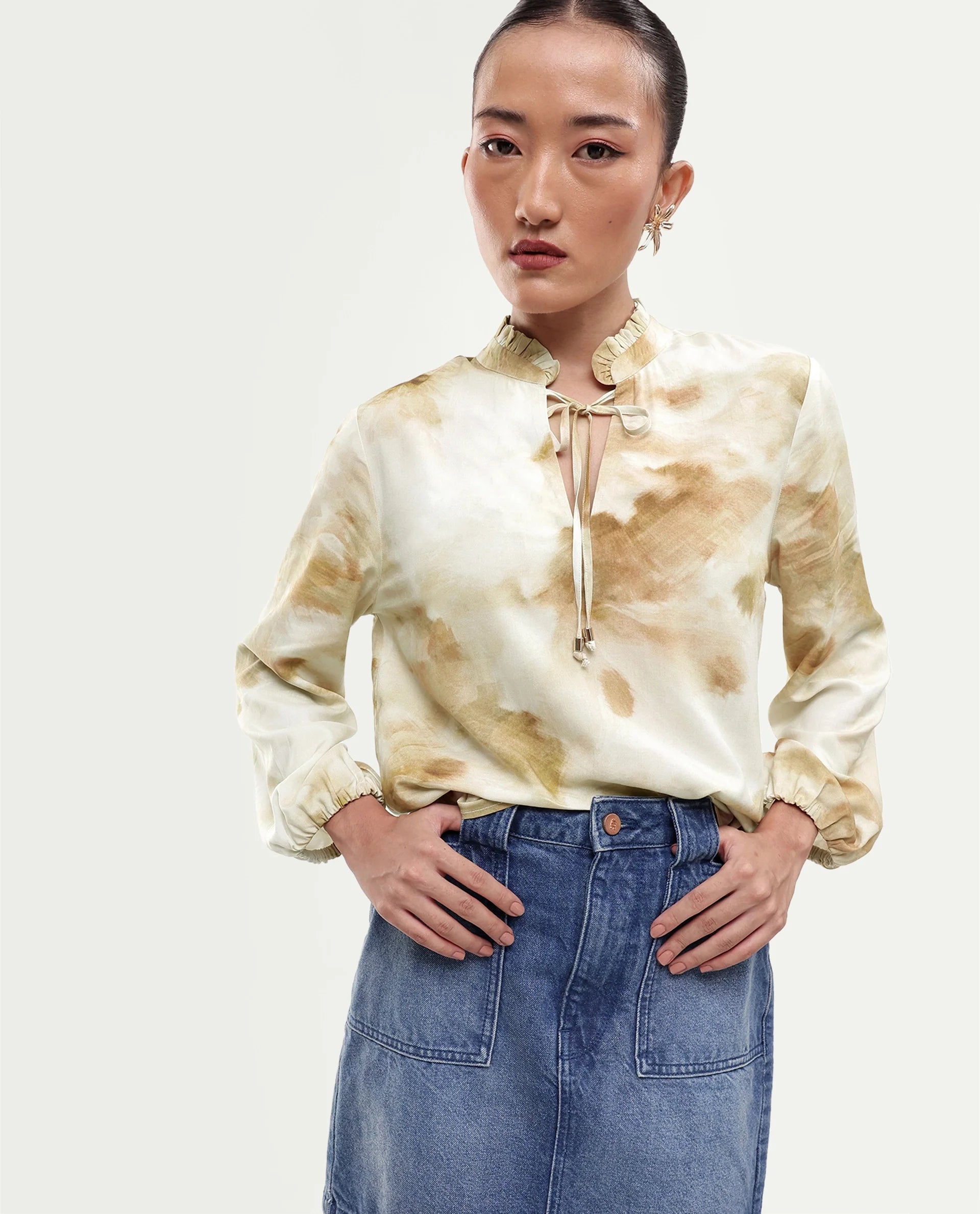 Rareism Women's Saito Olive Viscose Pull-On Regular Fit Abstract Print Top