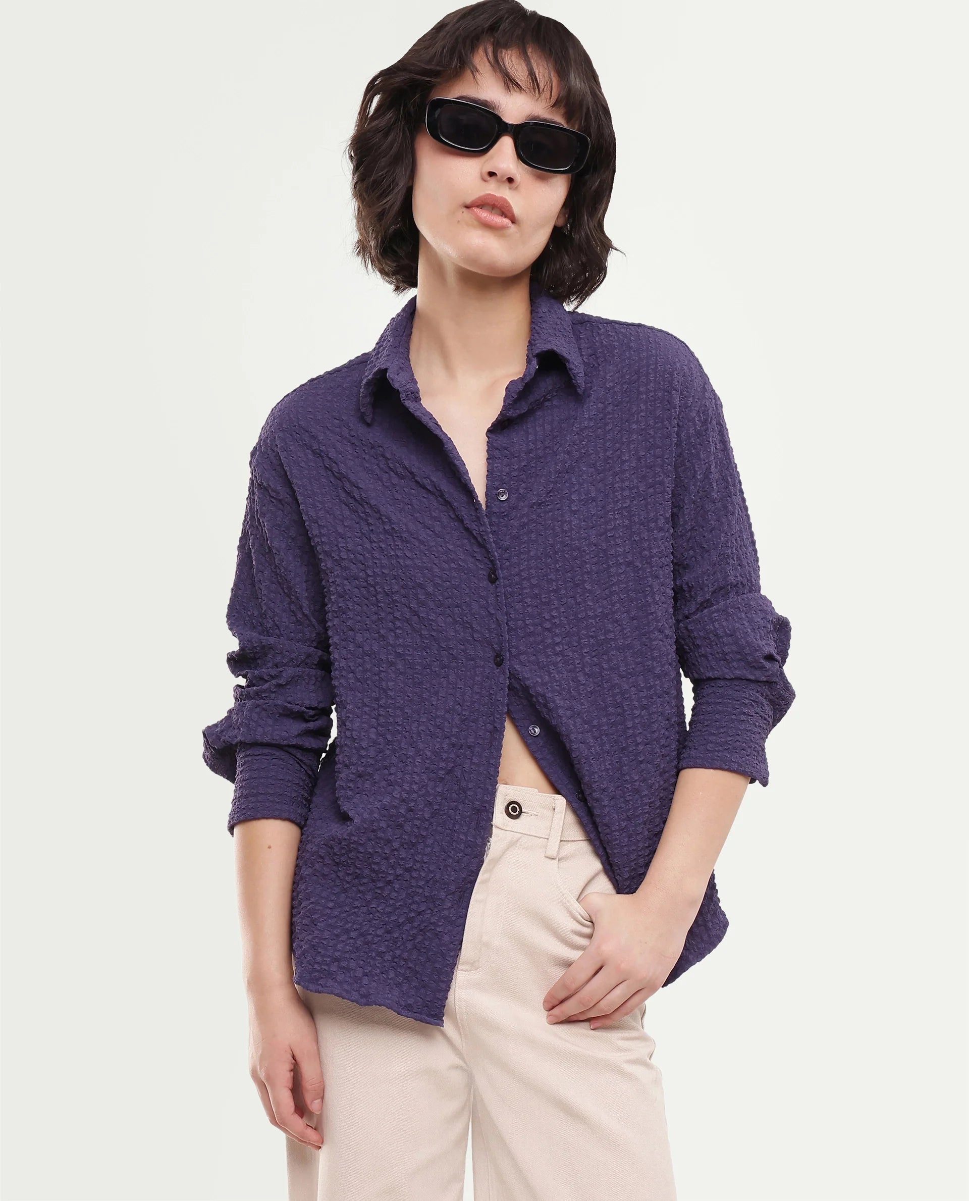 Rareism Women's Soda Purple Polyester Blend Button Relaxed Fit Shirt
