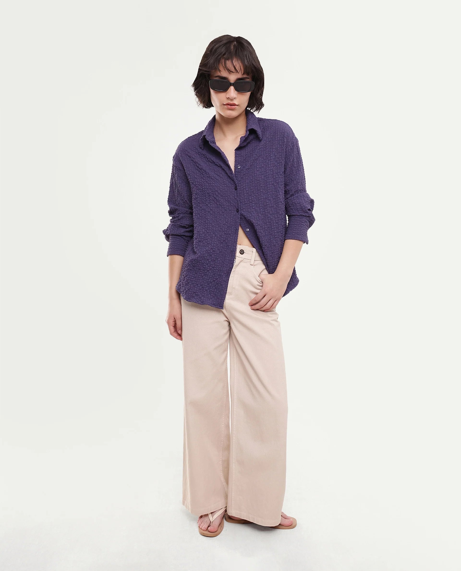 Rareism Women's Soda Purple Polyester Blend Button Relaxed Fit Shirt