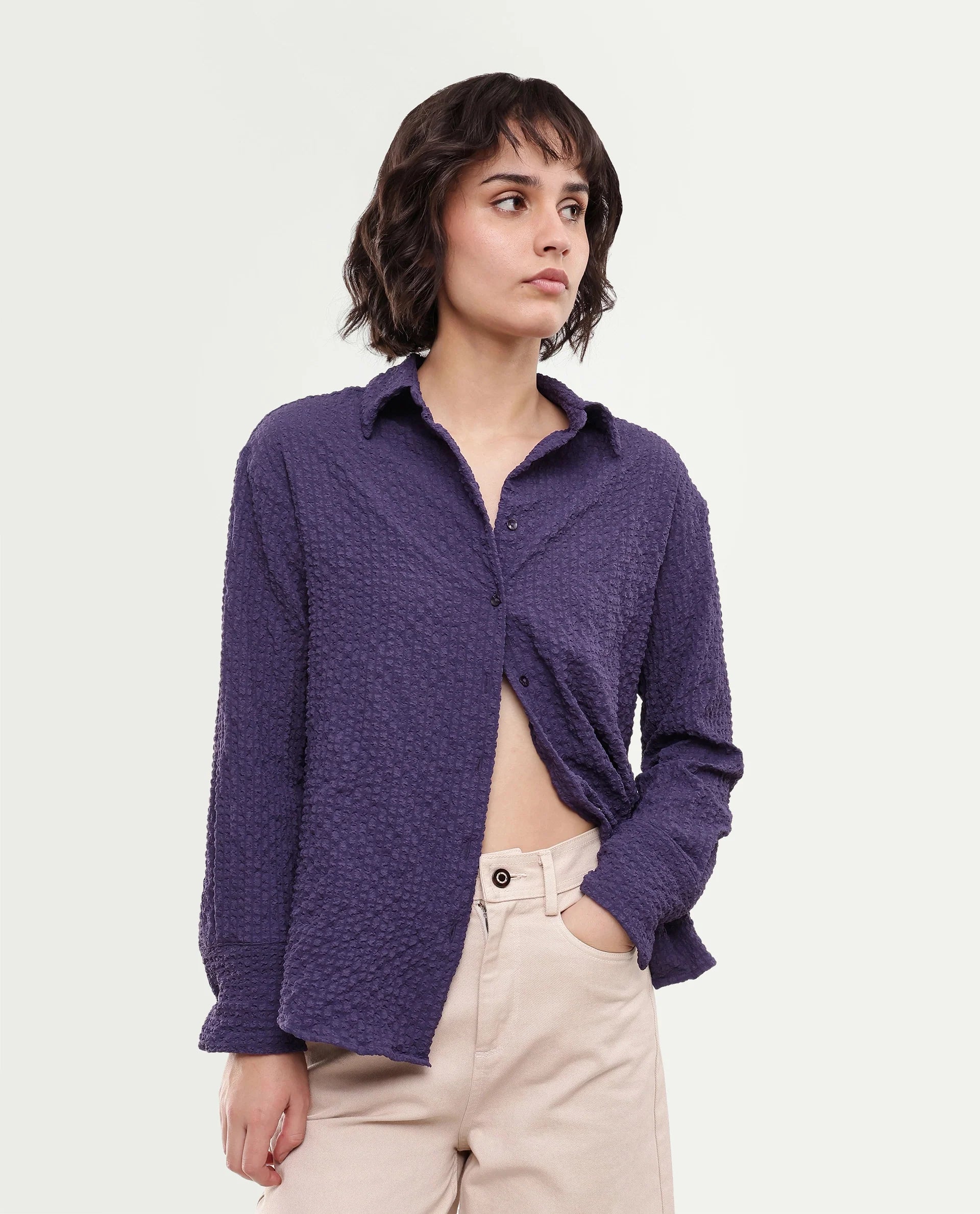 Rareism Women's Soda Purple Polyester Blend Button Relaxed Fit Shirt