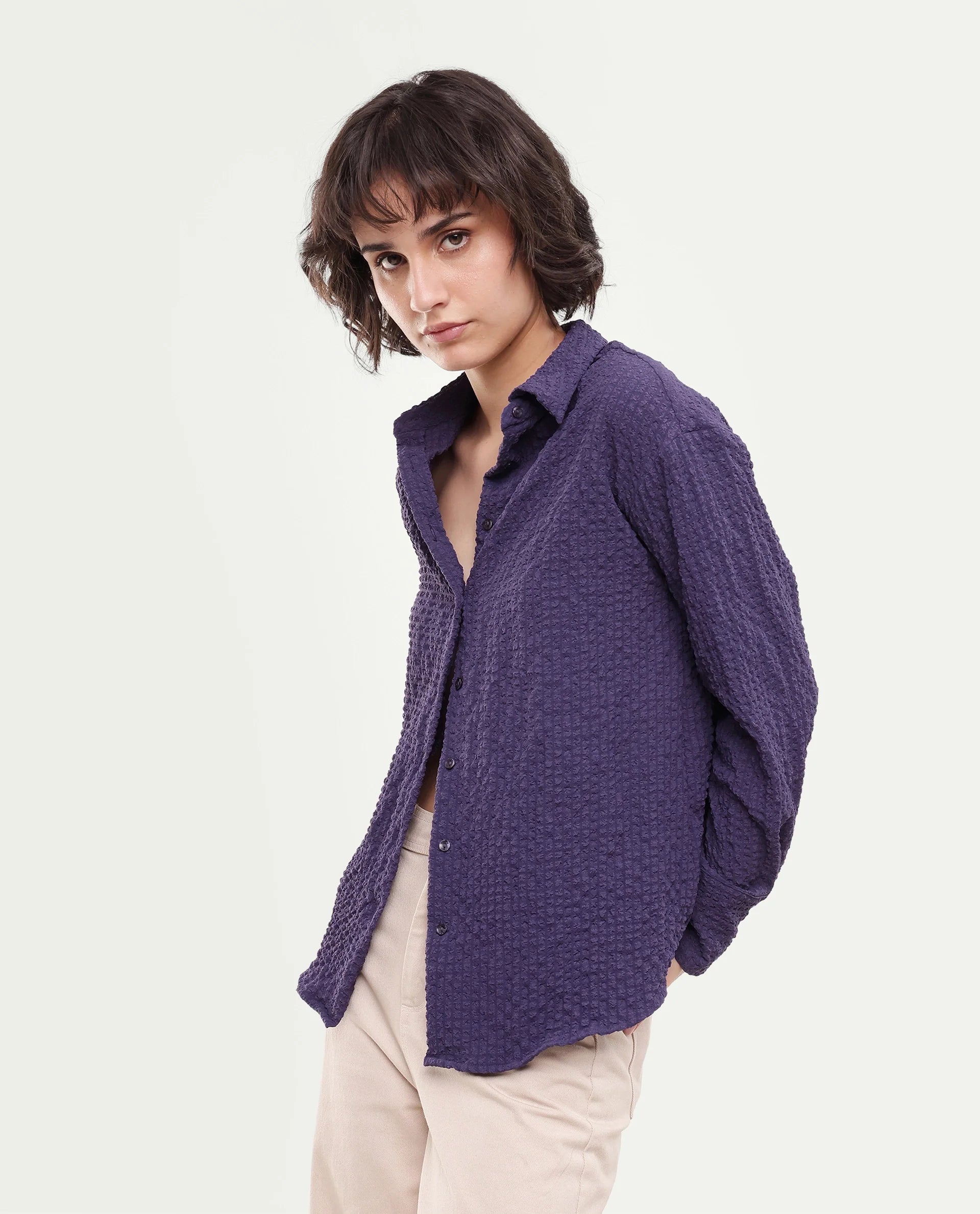 Rareism Women's Soda Purple Polyester Blend Button Relaxed Fit Shirt