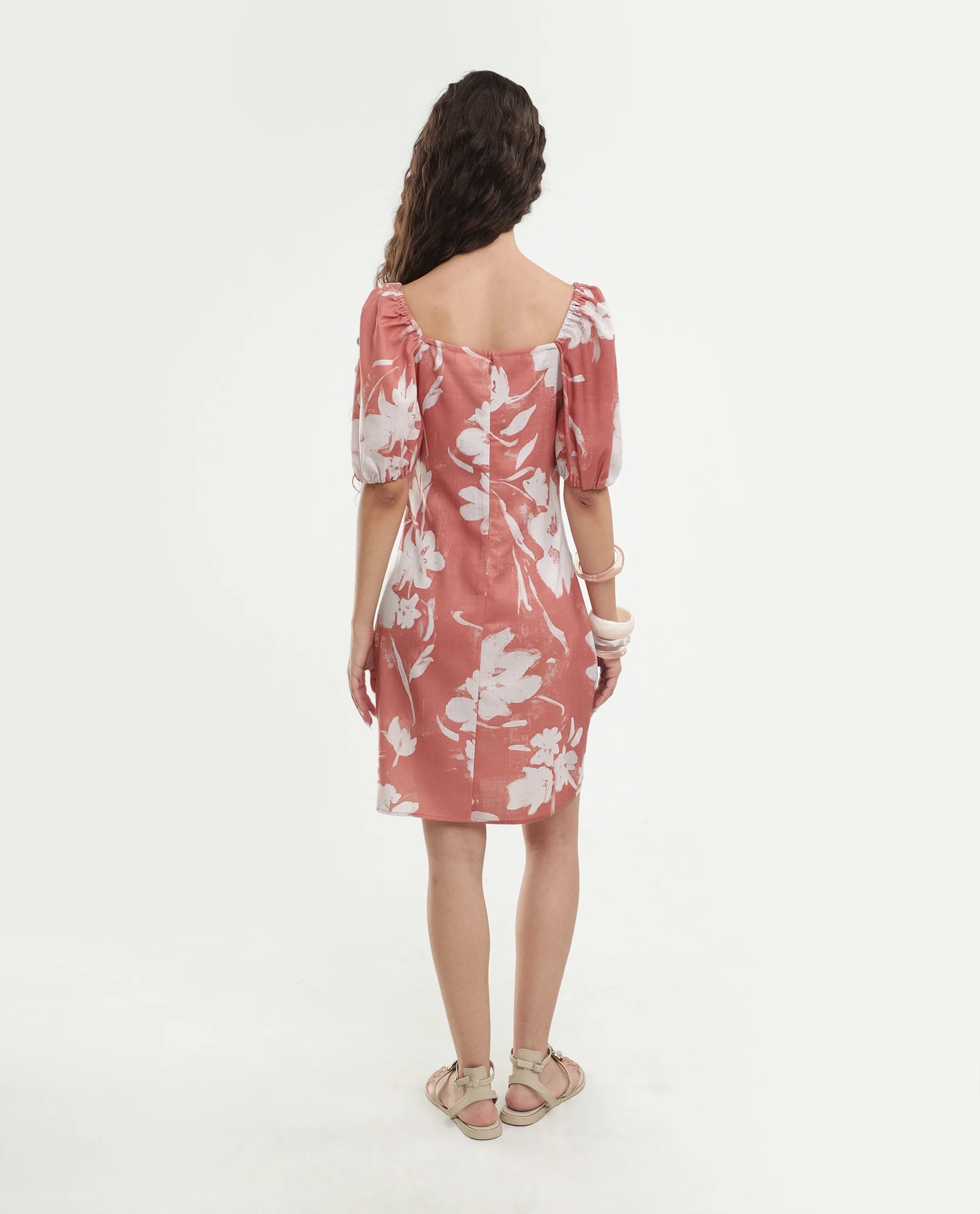 Rareism Women's Stefin Dusky Orange Polyester Button And Zip Fitted Floral Print Dress