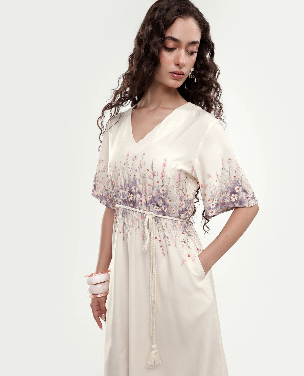 Rareism Women's Sung Beige Viscose Pull-On Fit And Flare Floral Print Dress