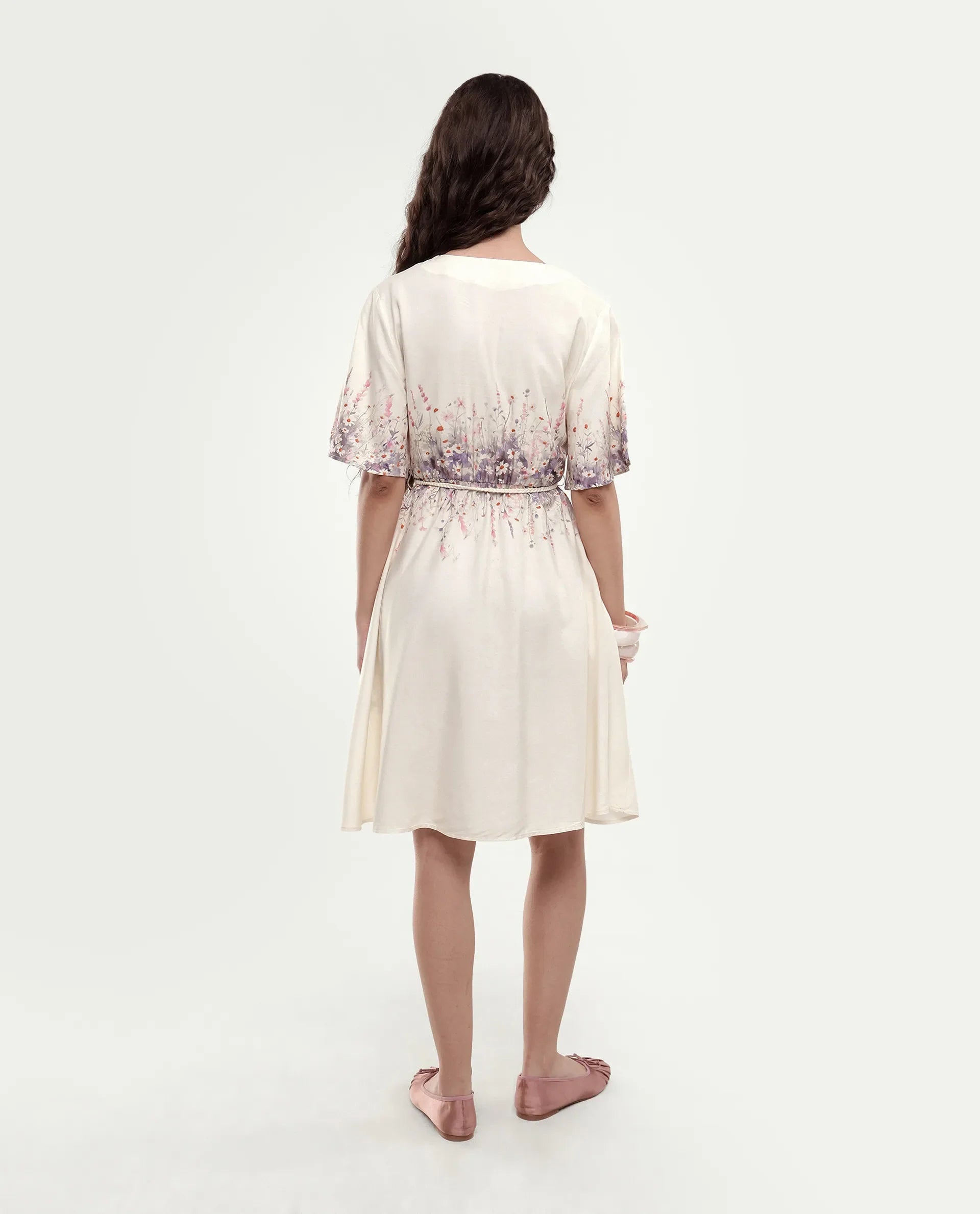 Rareism Women's Sung Beige Viscose Pull-On Fit And Flare Floral Print Dress
