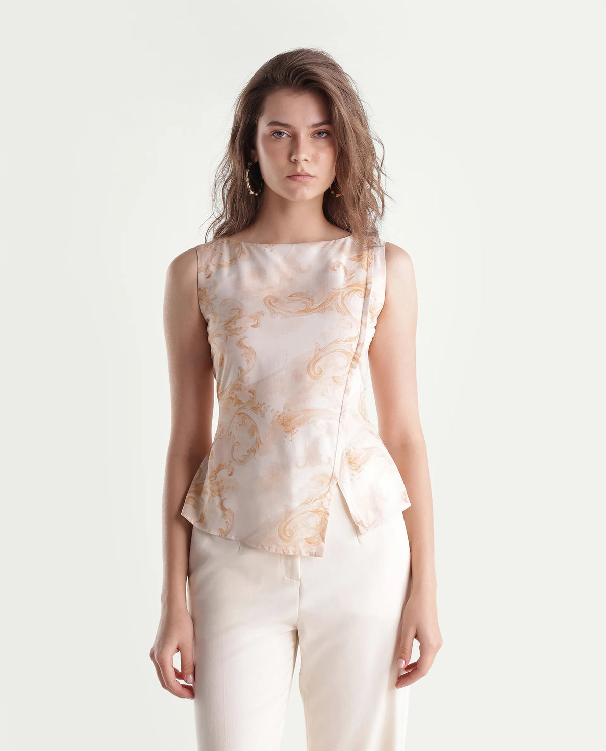 Rareism Women's Stunny Beige Viscose Pull-On Fitted Printed Top
