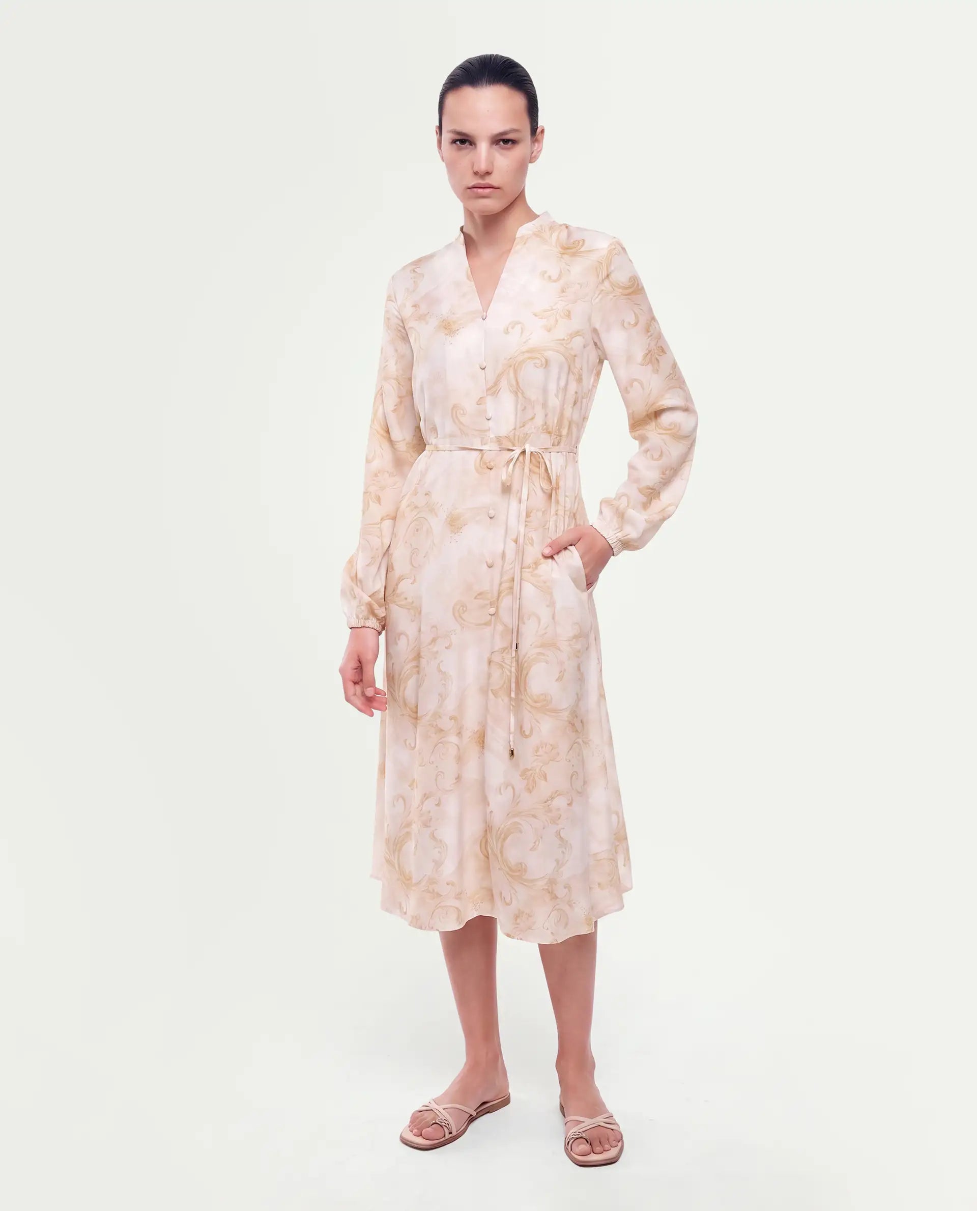 Rareism Women's Stubby Beige Viscose Pull-On A-Line Printed Shirt Dress