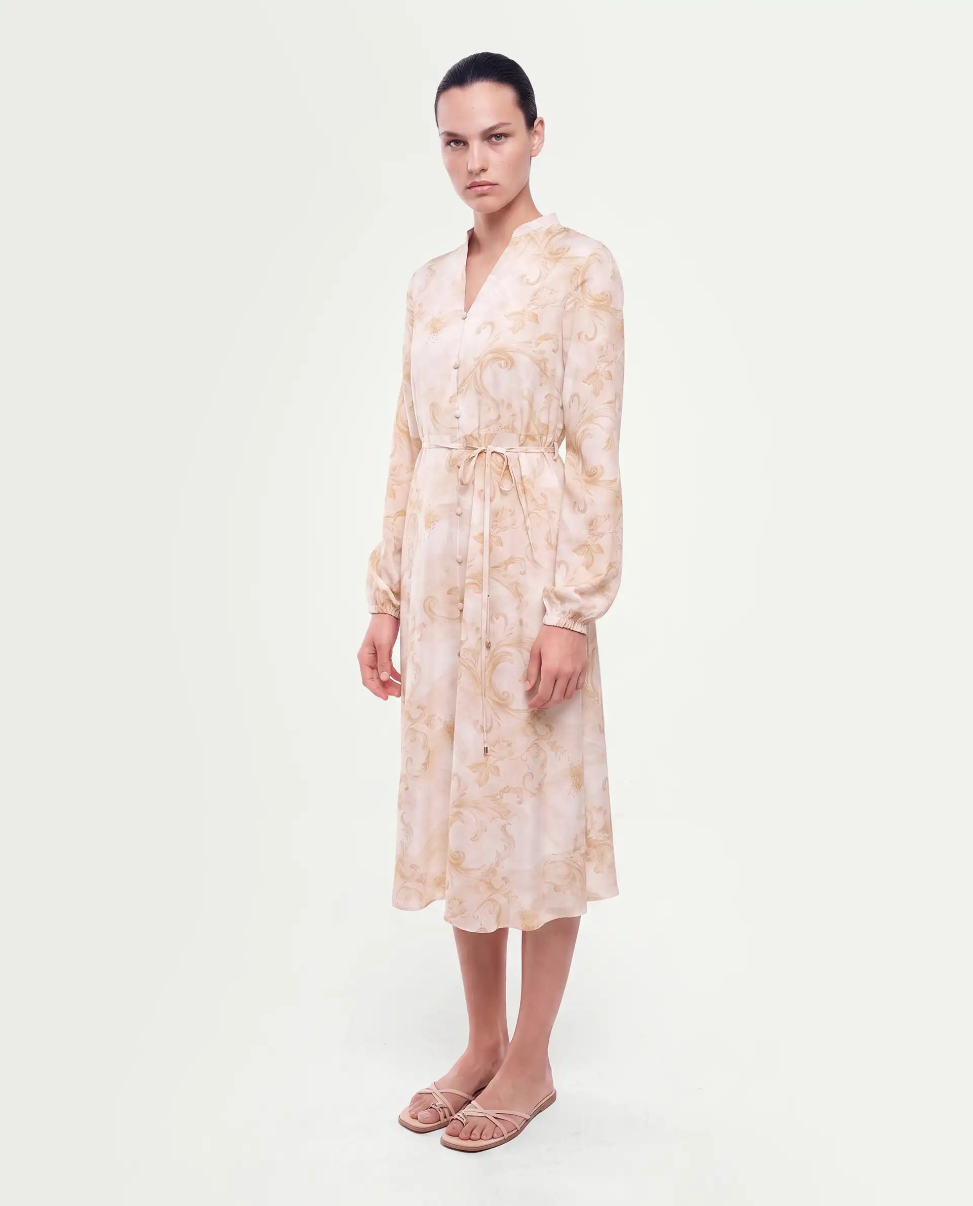 Rareism Women's Stubby Beige Viscose Pull-On A-Line Printed Shirt Dress