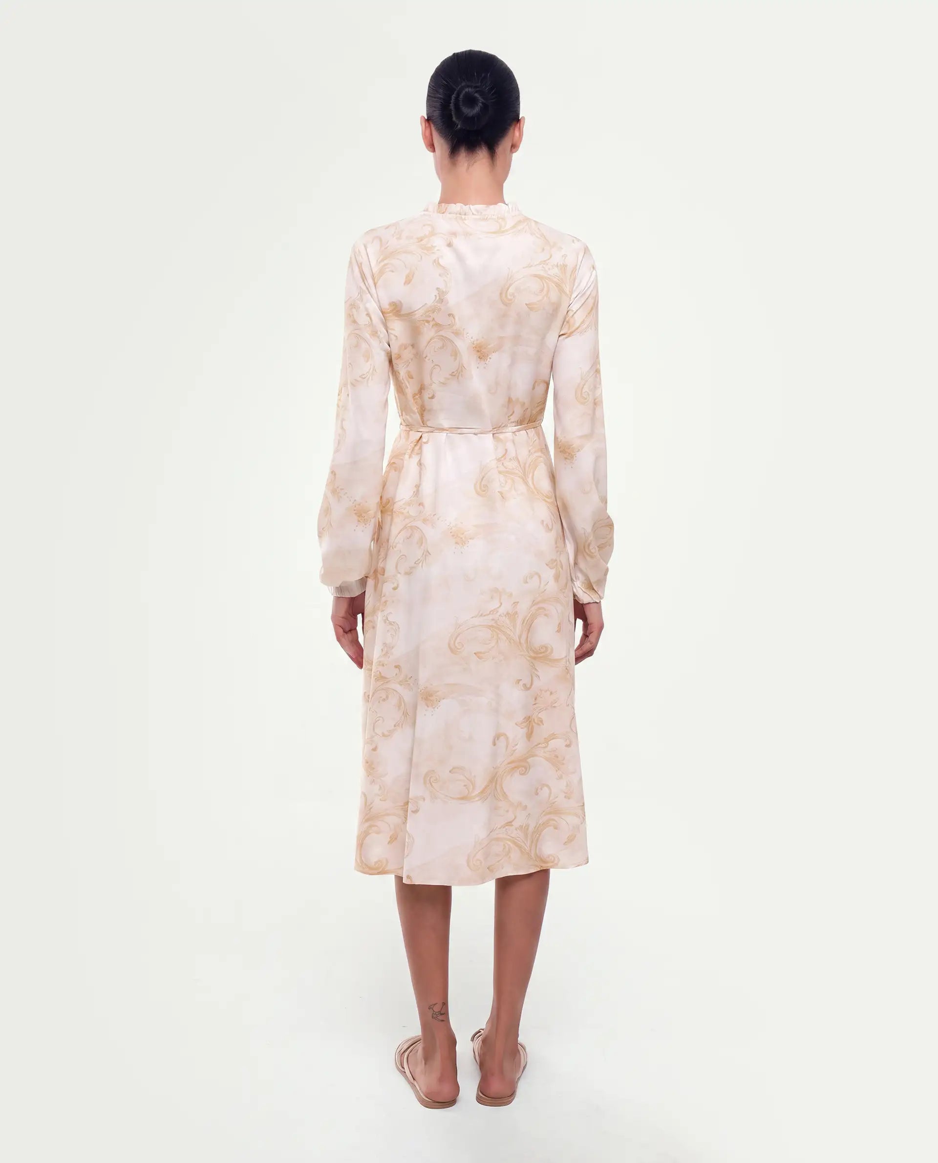 Rareism Women's Stubby Beige Viscose Pull-On A-Line Printed Shirt Dress