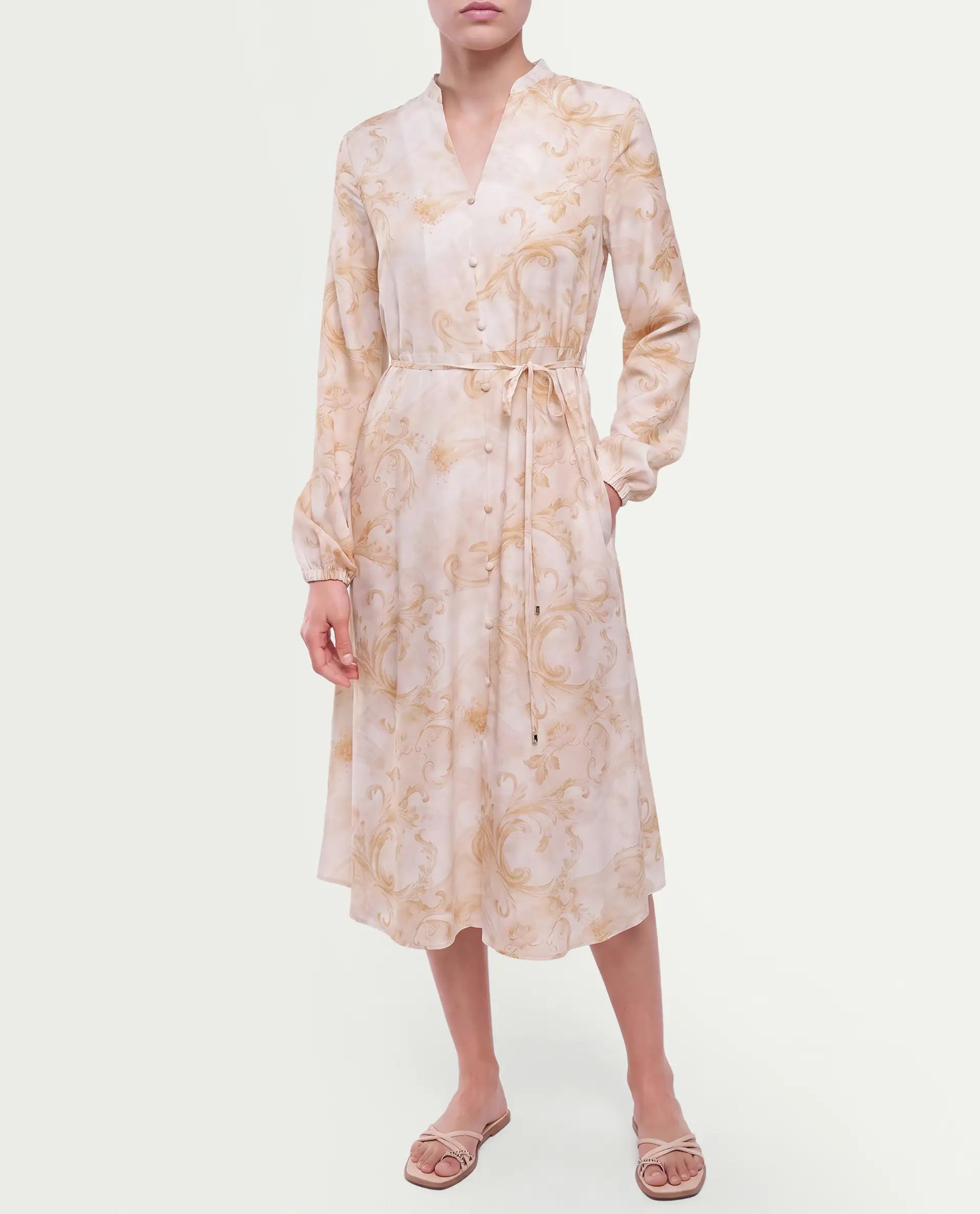 Rareism Women's Stubby Beige Viscose Pull-On A-Line Printed Shirt Dress
