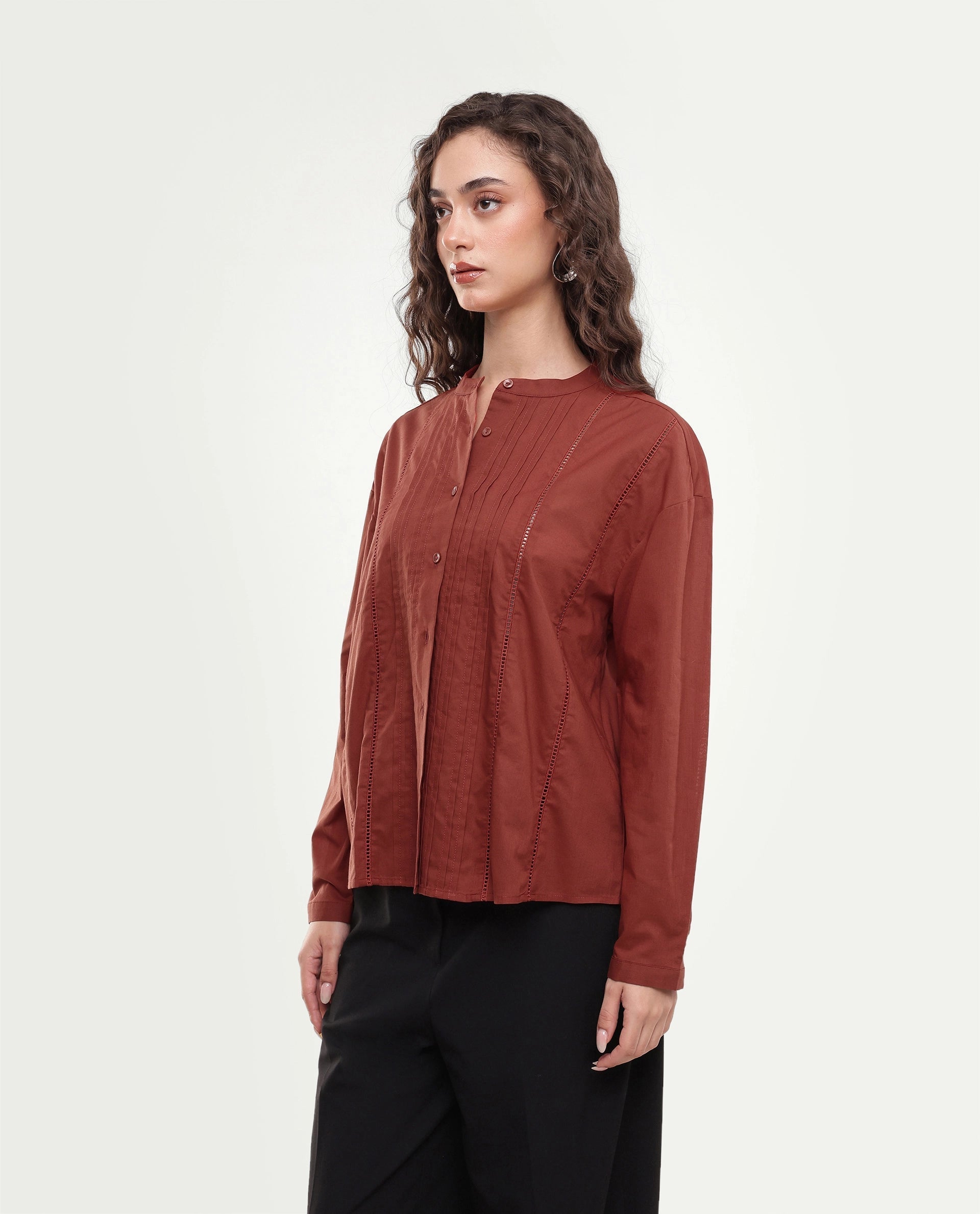 Rareism Women's Otun Rust Plain Cotton Regular Fit Full Sleeve Top