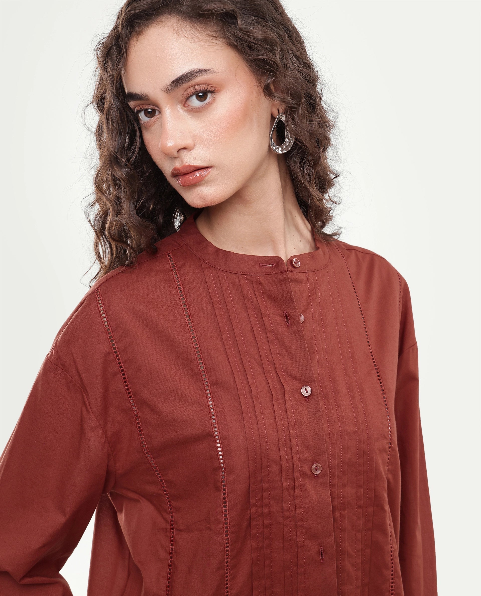 Rareism Women's Otun Rust Plain Cotton Regular Fit Full Sleeve Top