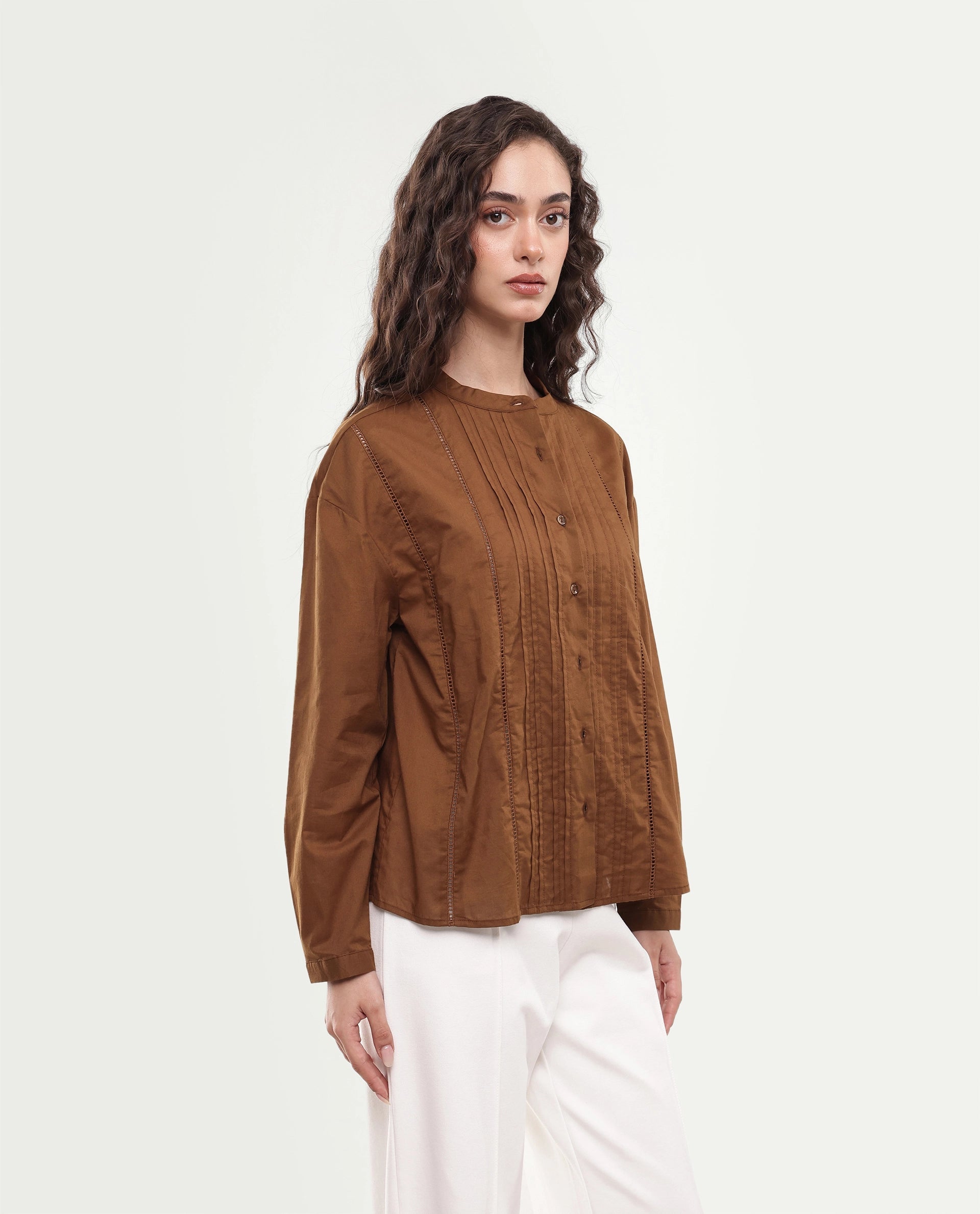 Rareism Women's Otun Dusky Olive Solid Cotton Regular Long Sleeves Top
