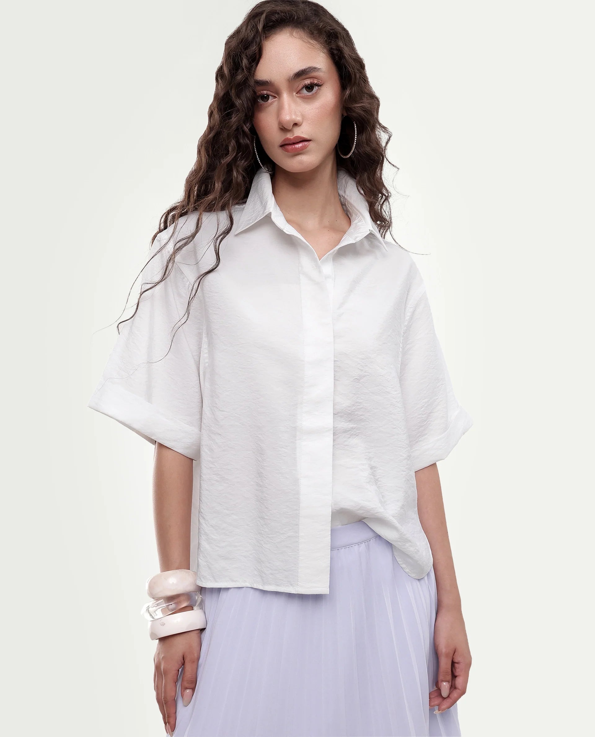 Rareism Women's Obin Primary White Viscose Blend Spread Collar Boxy Plain Shirt