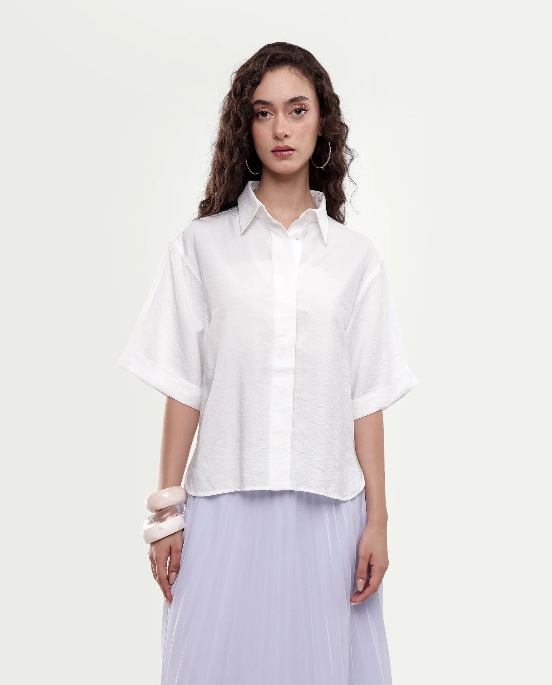 Rareism Women's Obin Primary White Viscose Blend Spread Collar Boxy Plain Shirt
