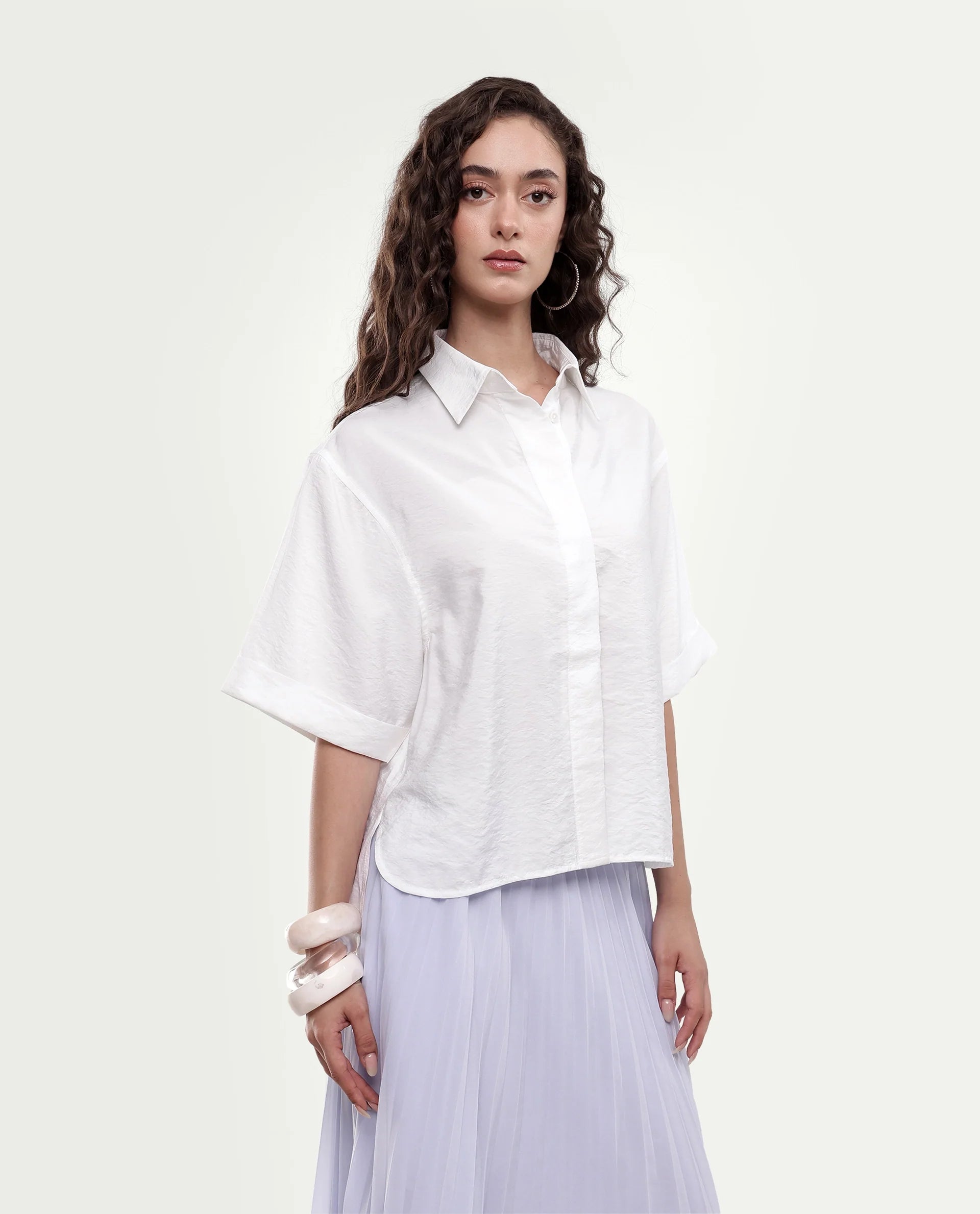 Rareism Women's Obin Primary White Viscose Blend Spread Collar Boxy Plain Shirt