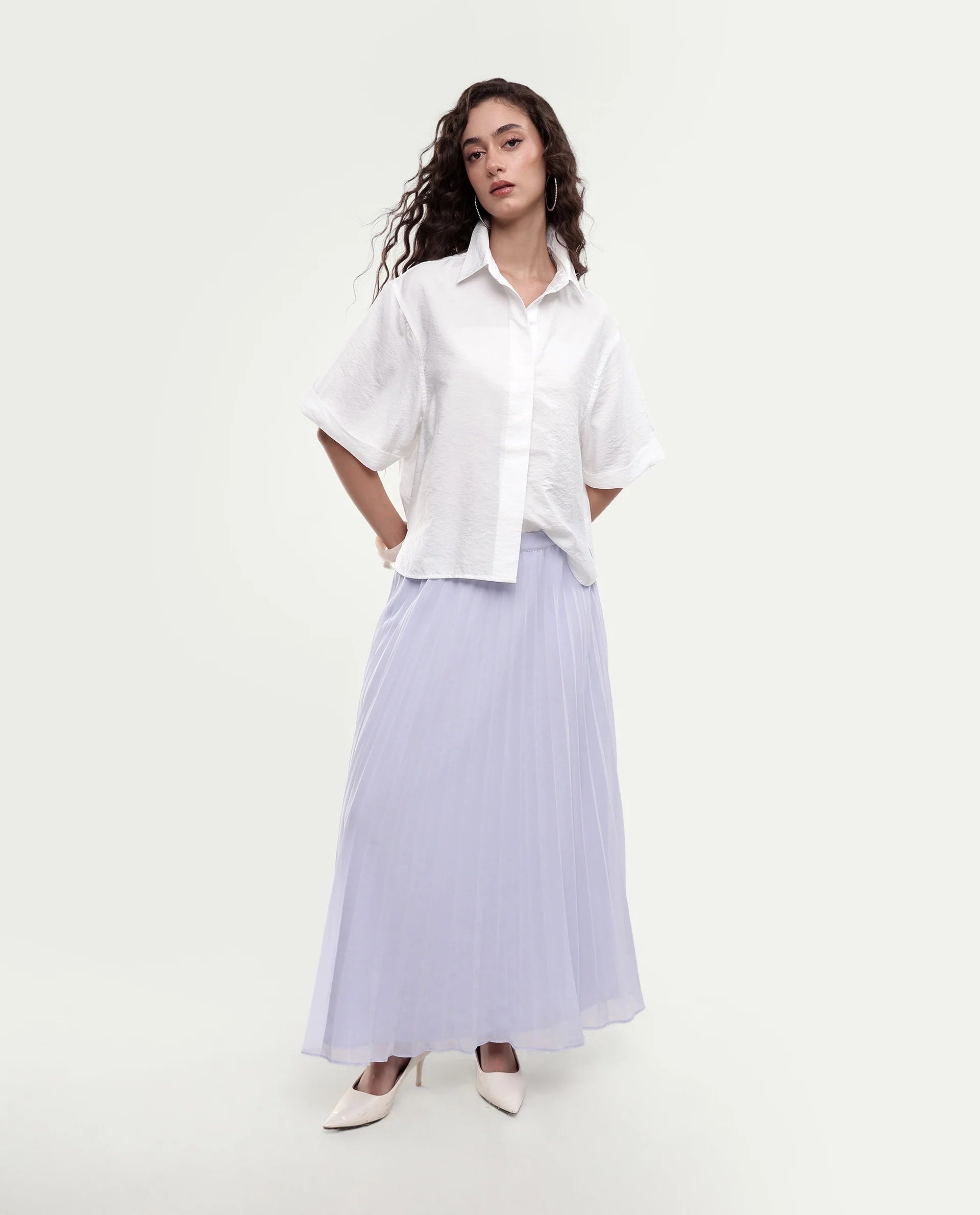 Rareism Women's Obin Primary White Viscose Blend Spread Collar Boxy Plain Shirt