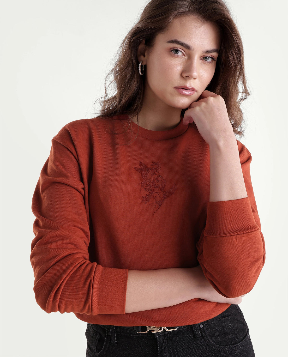 Rareism Women's Ped Dark Orange Cotton Blend Pull-On Relaxed Fit Embroidered Sweatshirt