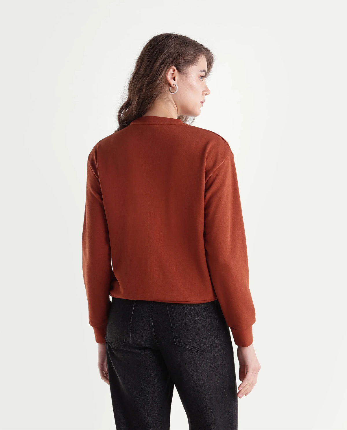 Rareism Women's Ped Dark Orange Cotton Blend Pull-On Relaxed Fit Embroidered Sweatshirt