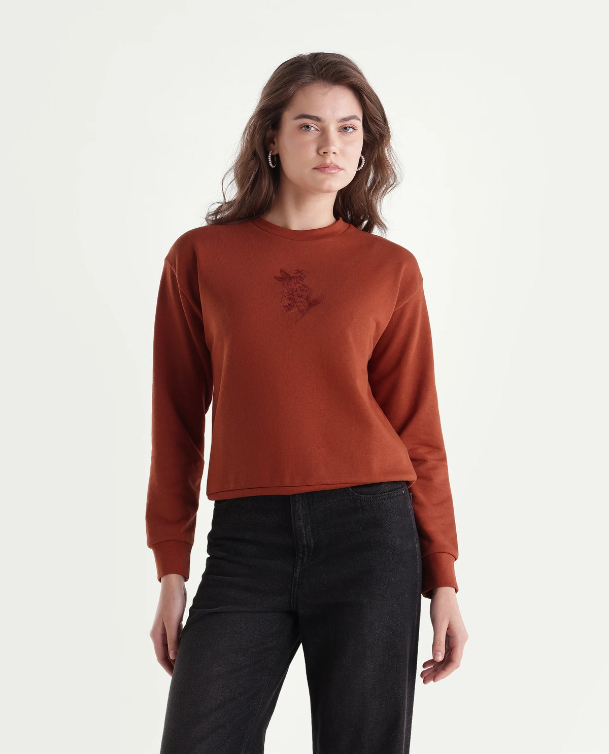 Rareism Women's Ped Dark Orange Cotton Blend Pull-On Relaxed Fit Embroidered Sweatshirt