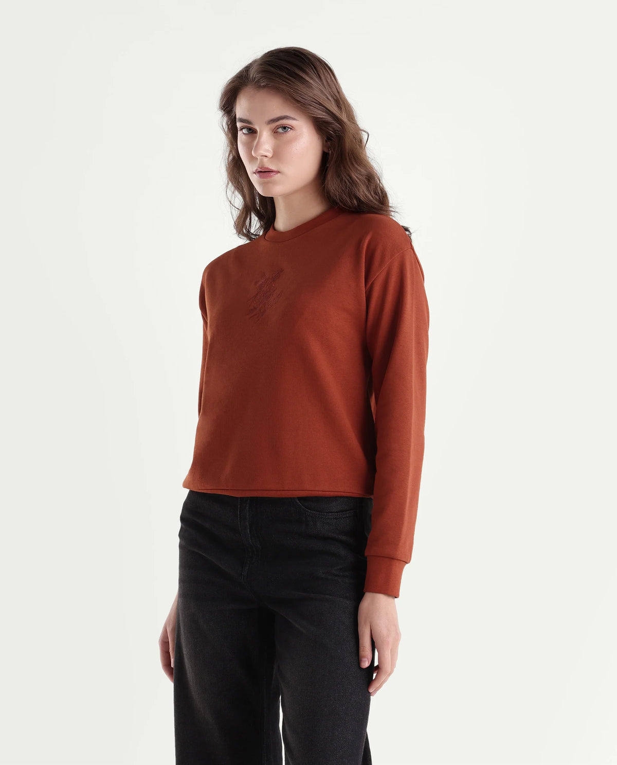 Rareism Women's Ped Dark Orange Cotton Blend Pull-On Relaxed Fit Embroidered Sweatshirt