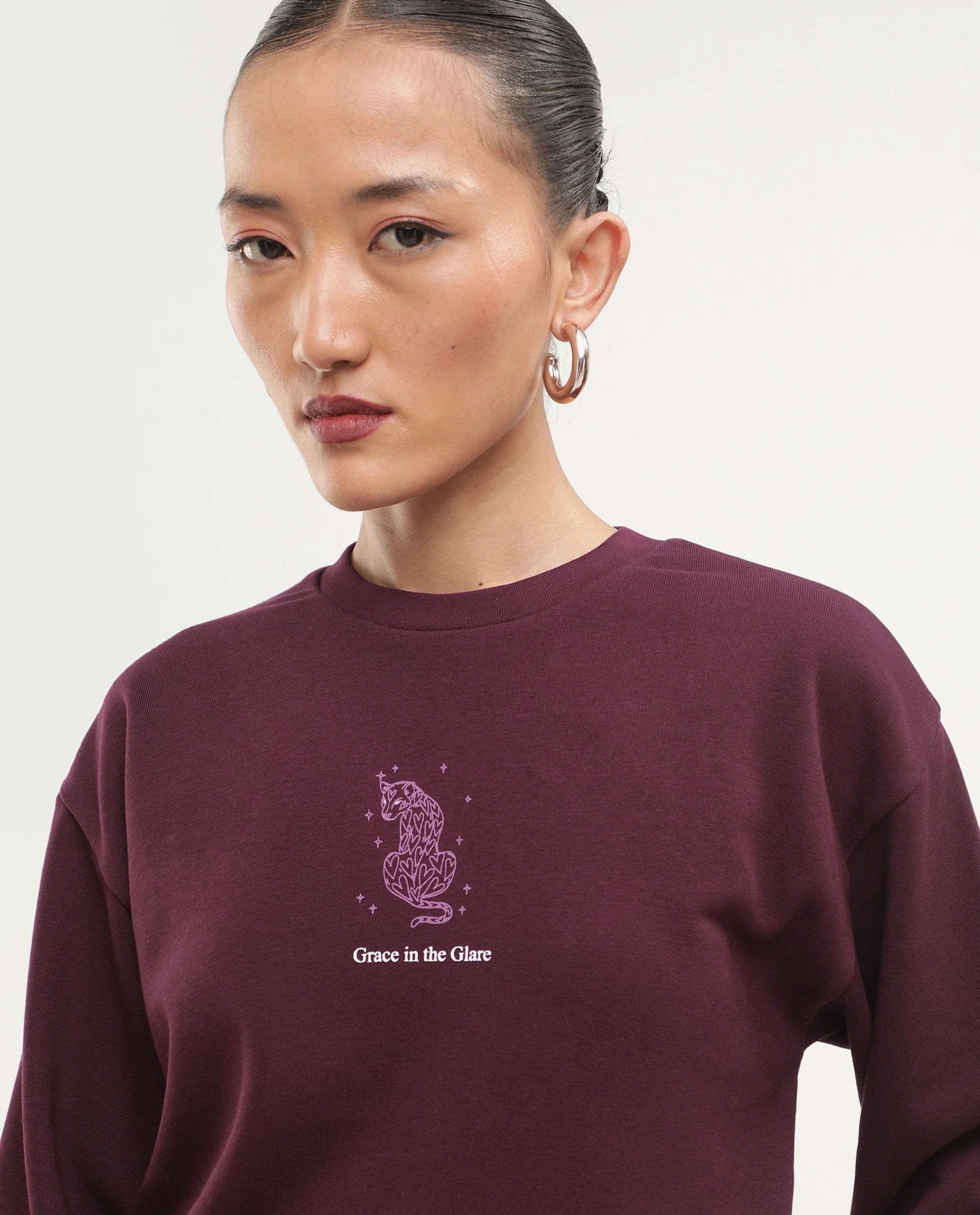 Rareism Women's Poot Dark Maroon Cotton Blend Pull-On Regular Fit Printed Sweatshirt