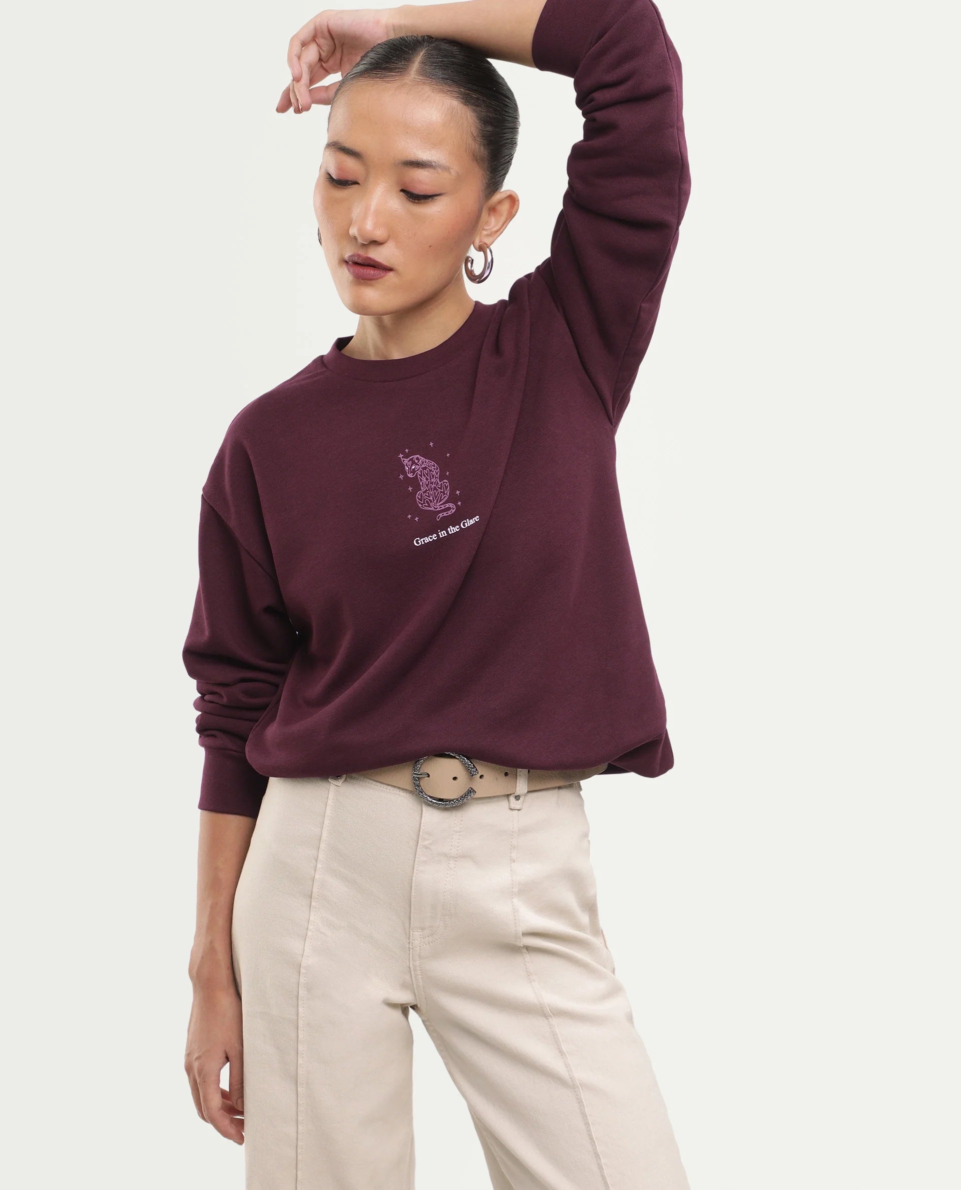 Rareism Women's Poot Dark Maroon Cotton Blend Pull-On Regular Fit Printed Sweatshirt