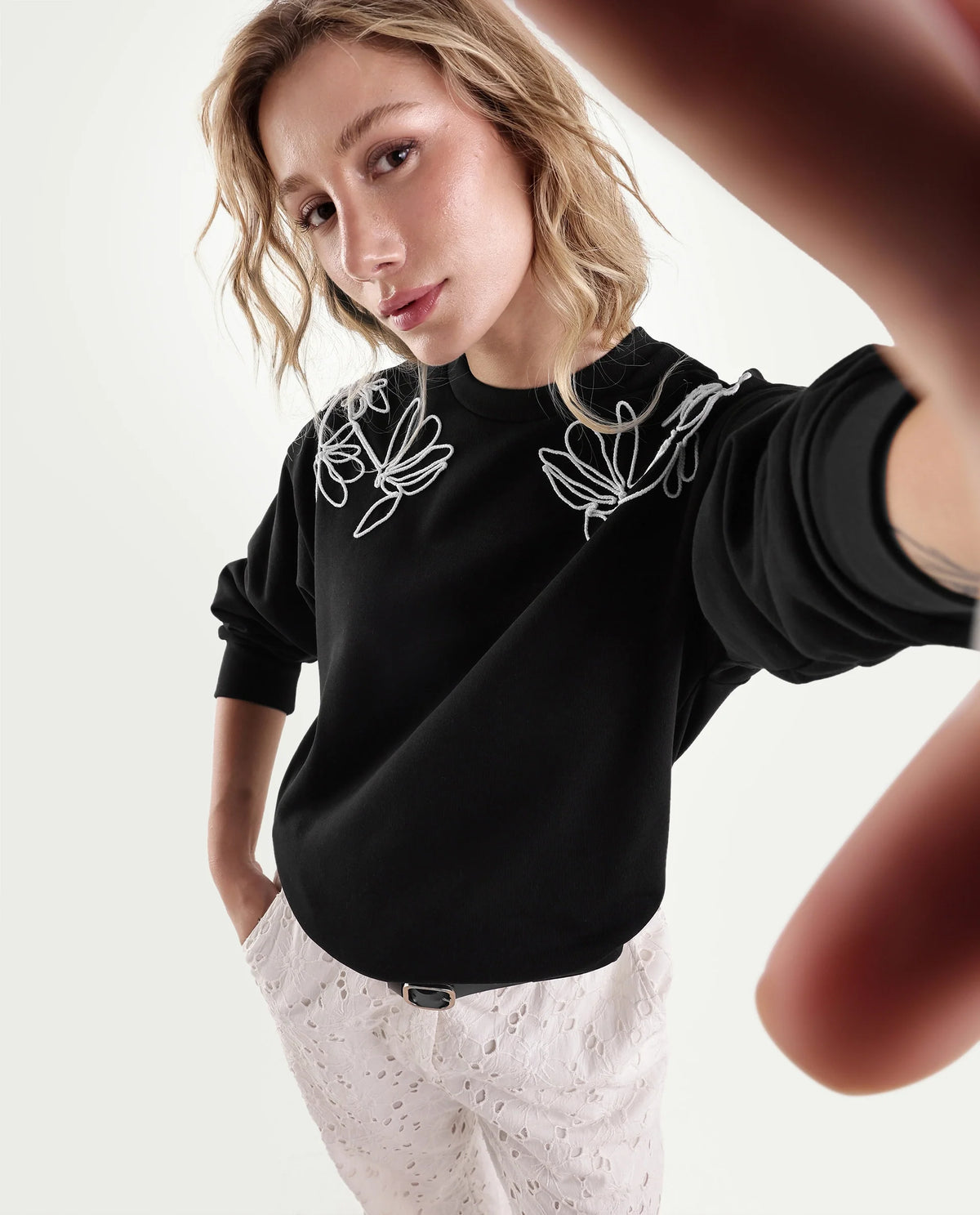 Rareism Women's Plat Black Cotton Blend Pull-On Relaxed Fit Floral Print Sweatshirt - image 1
