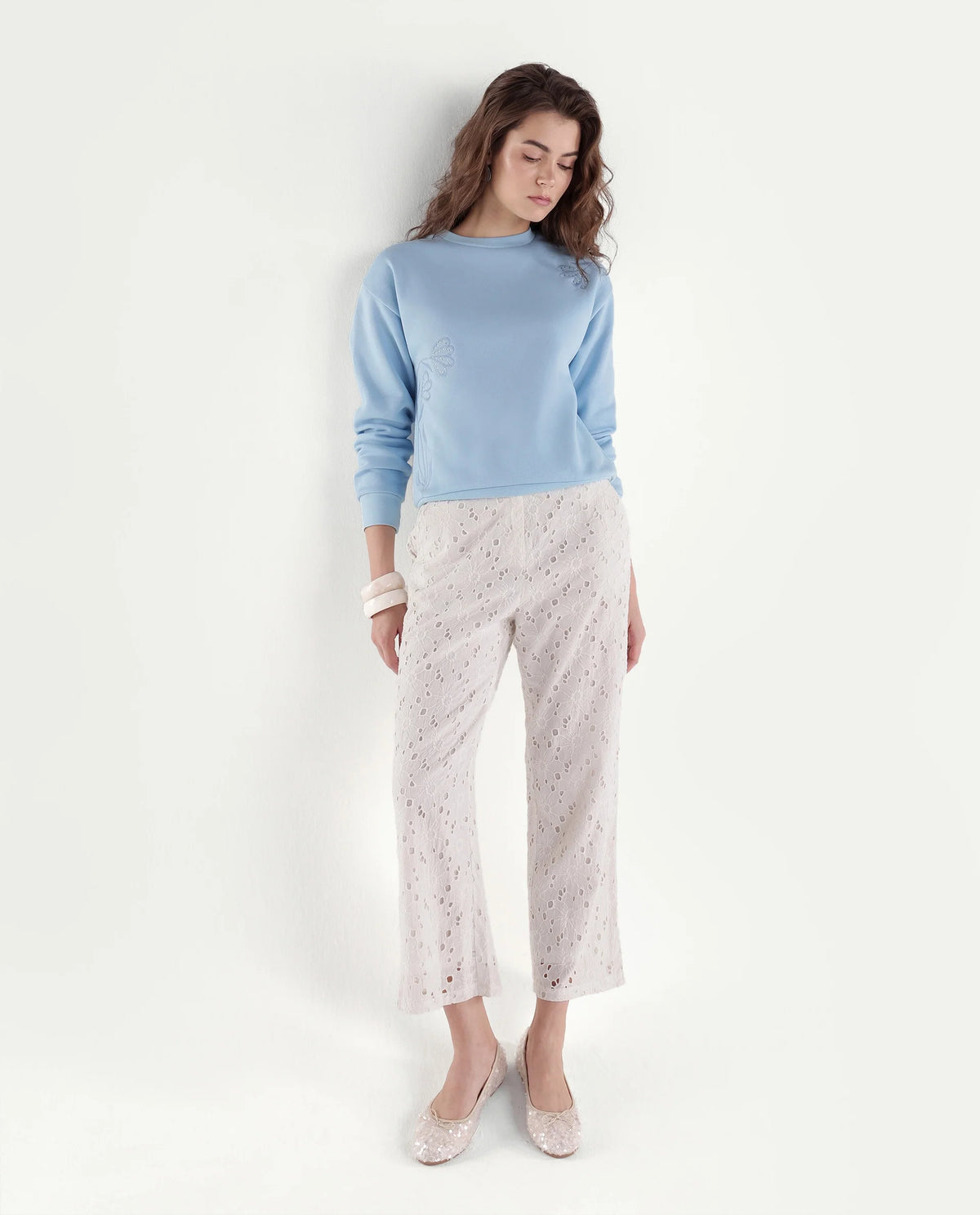 Rareism Women's Pigmy Light Blue Cotton Blend Relaxed Fit Embroidered Sweatshirt
