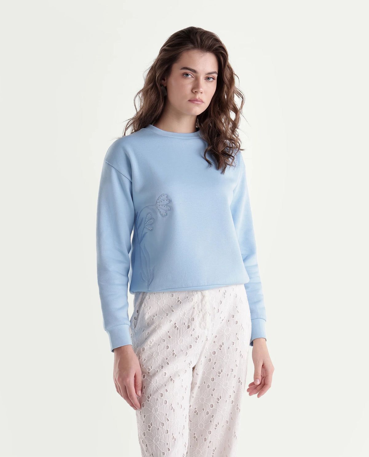 Rareism Women's Pigmy Light Blue Cotton Blend Relaxed Fit Embroidered Sweatshirt