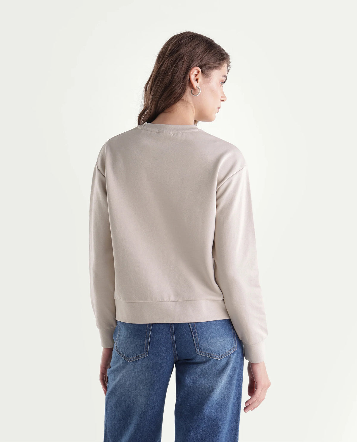Rareism Women's Prize Light Beige Cotton Blend Relaxed Fit Embroidered Sweatshirt