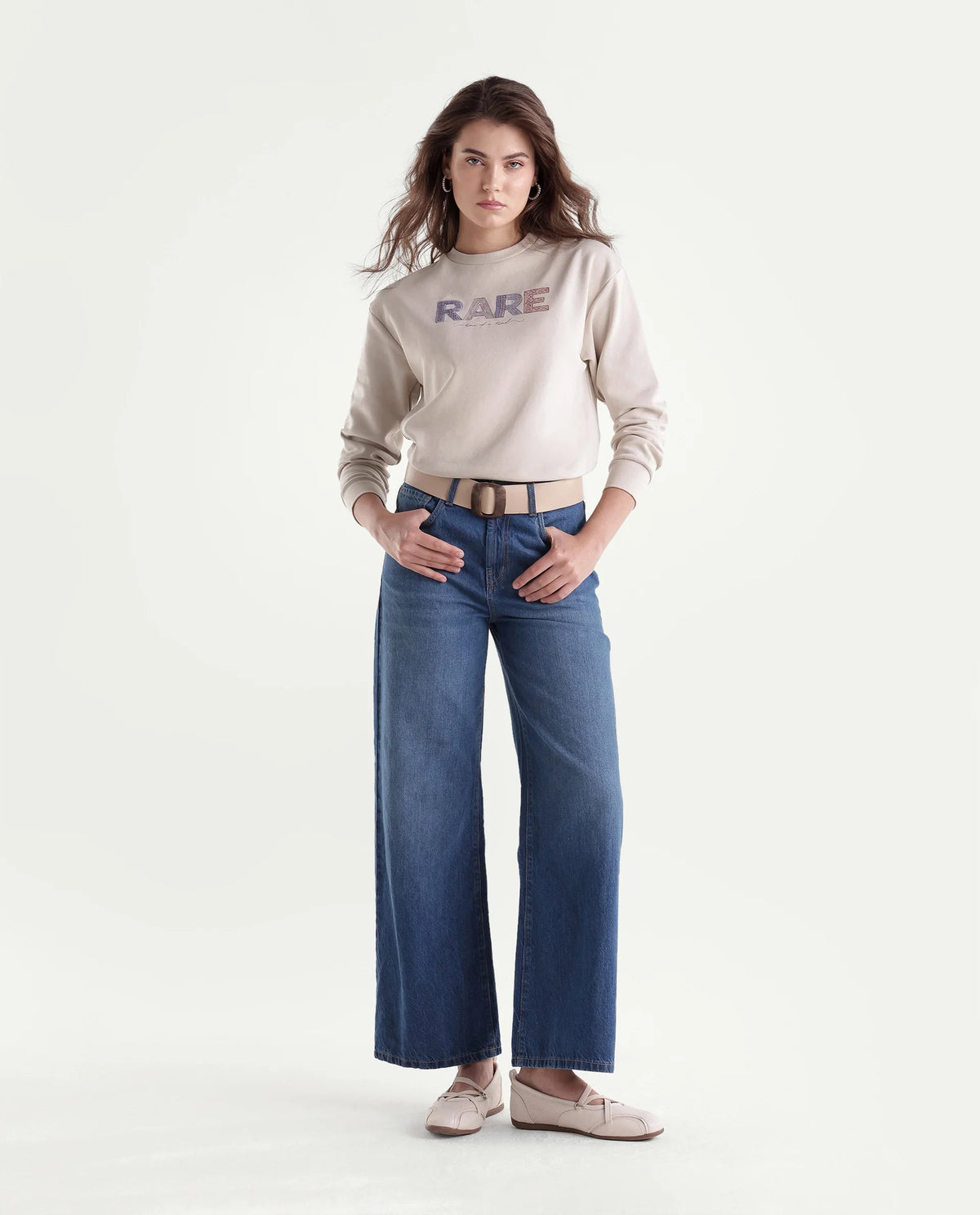 Rareism Women's Prize Light Beige Cotton Blend Relaxed Fit Embroidered Sweatshirt