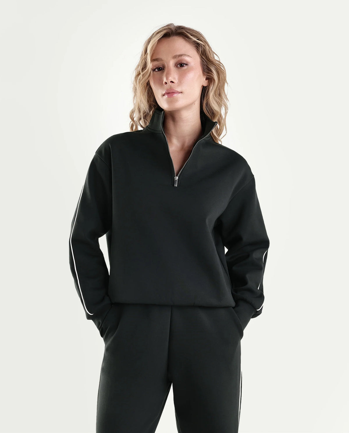 Rareism Women's Pint-T Dark Olive Cotton Blend Zipper Relaxed Fit Sweatshirt