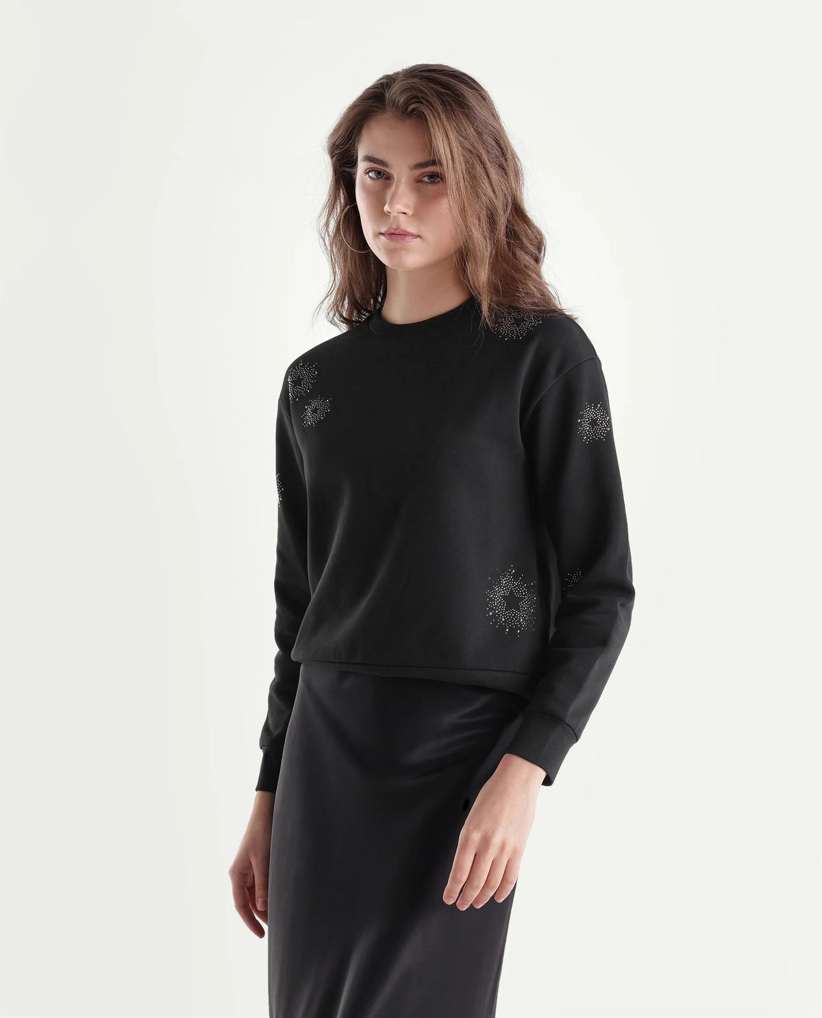 Rareism Women's Puff Black Cotton Blend Pull-On Relaxed Fit Printed Sweatshirt