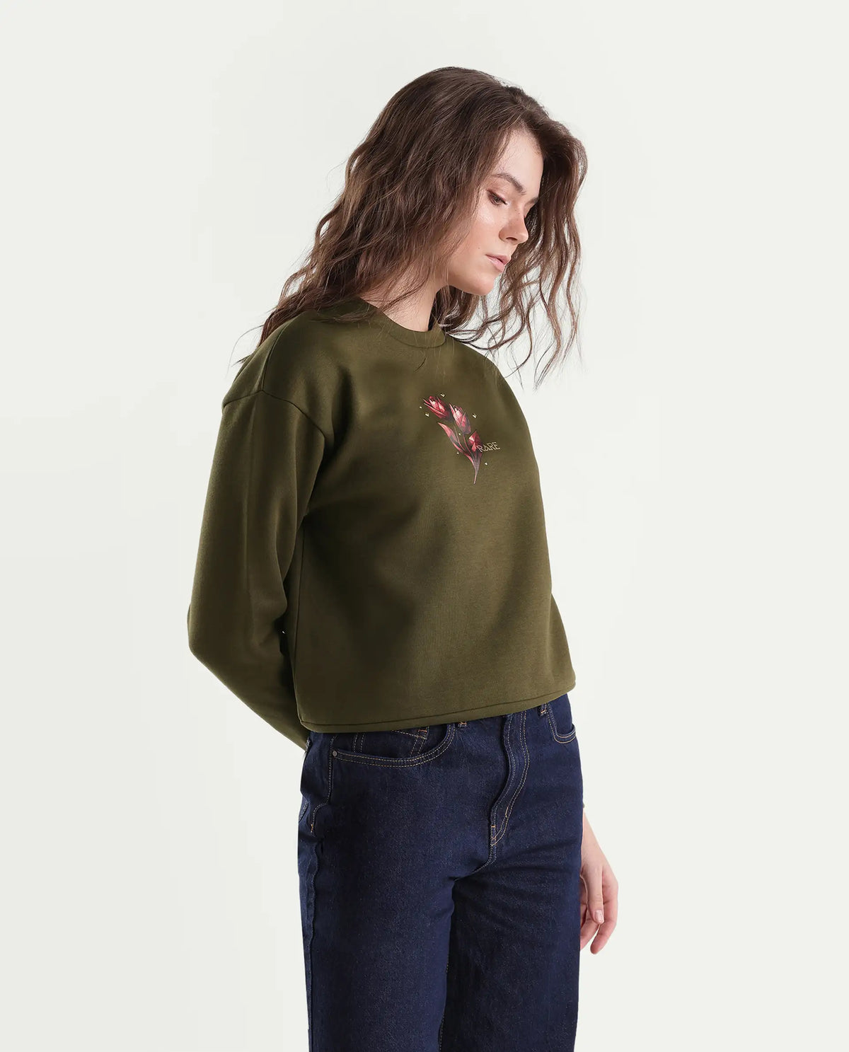 Rareism Women's Proxy Light Olive Cotton Blend Pull-On Relaxed Fit Printed Sweatshirt
